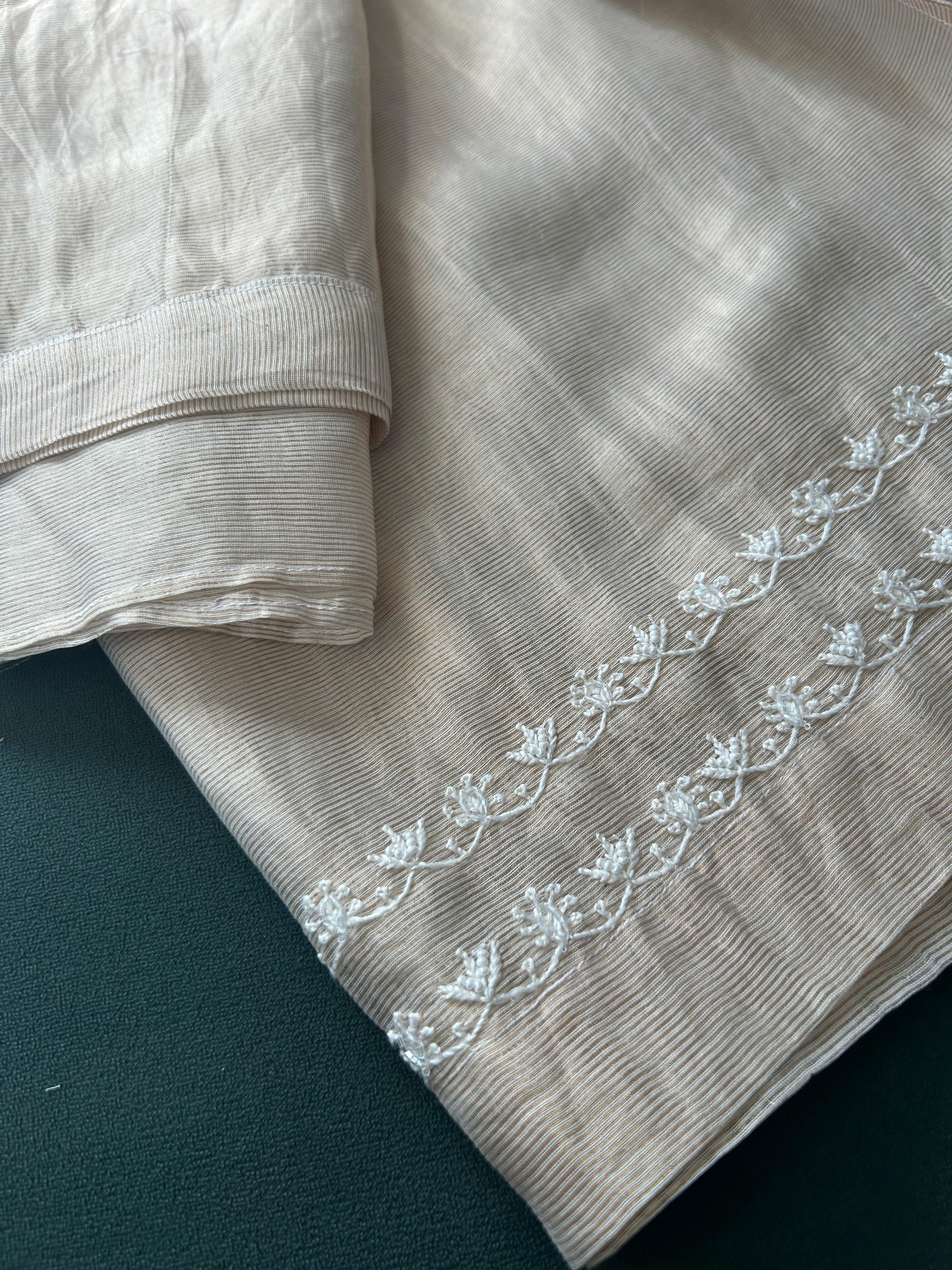 Beige Striped Tissue Chikankari Co-ord Set