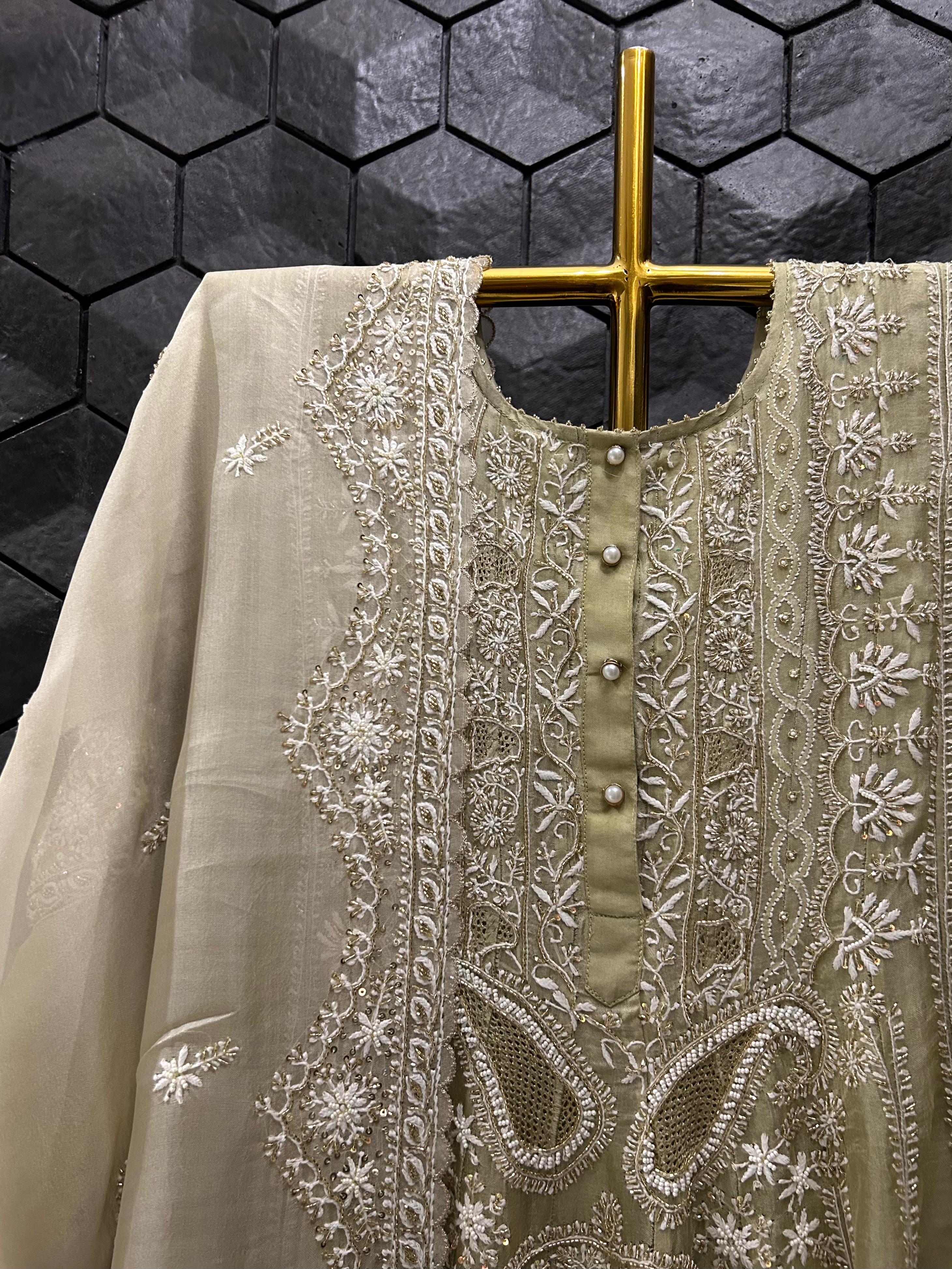 Green Organza Chikankari Anarkali Set