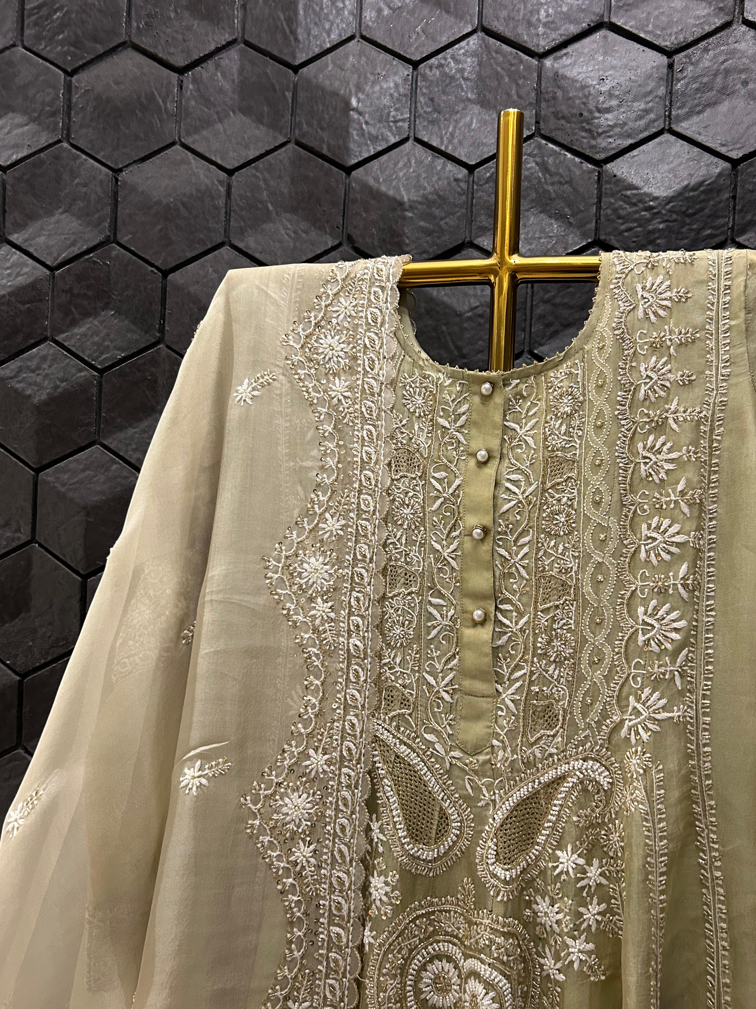 Green Organza Chikankari Anarkali Set