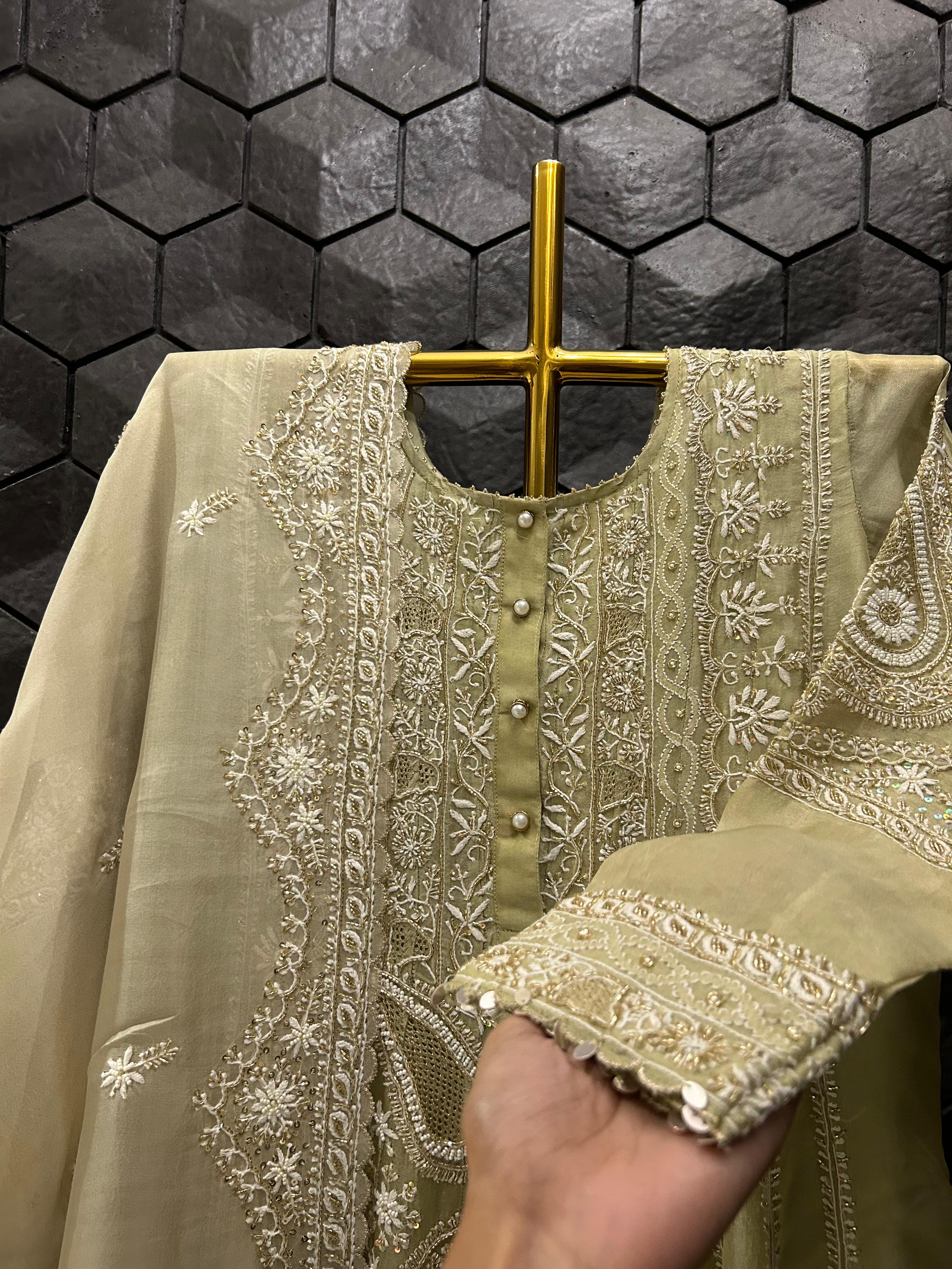 Green Organza Chikankari Anarkali Set