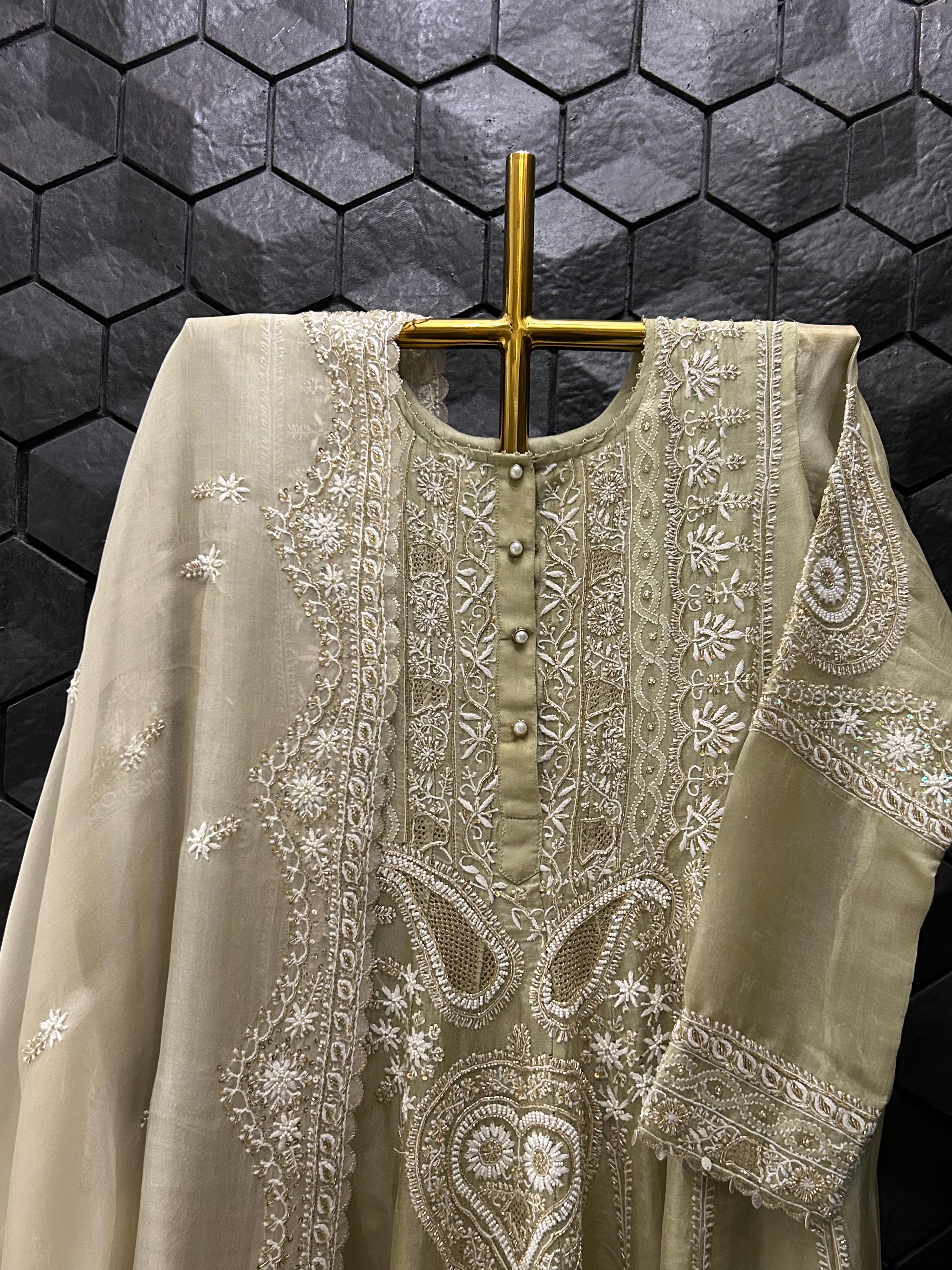 Green Organza Chikankari Anarkali Set