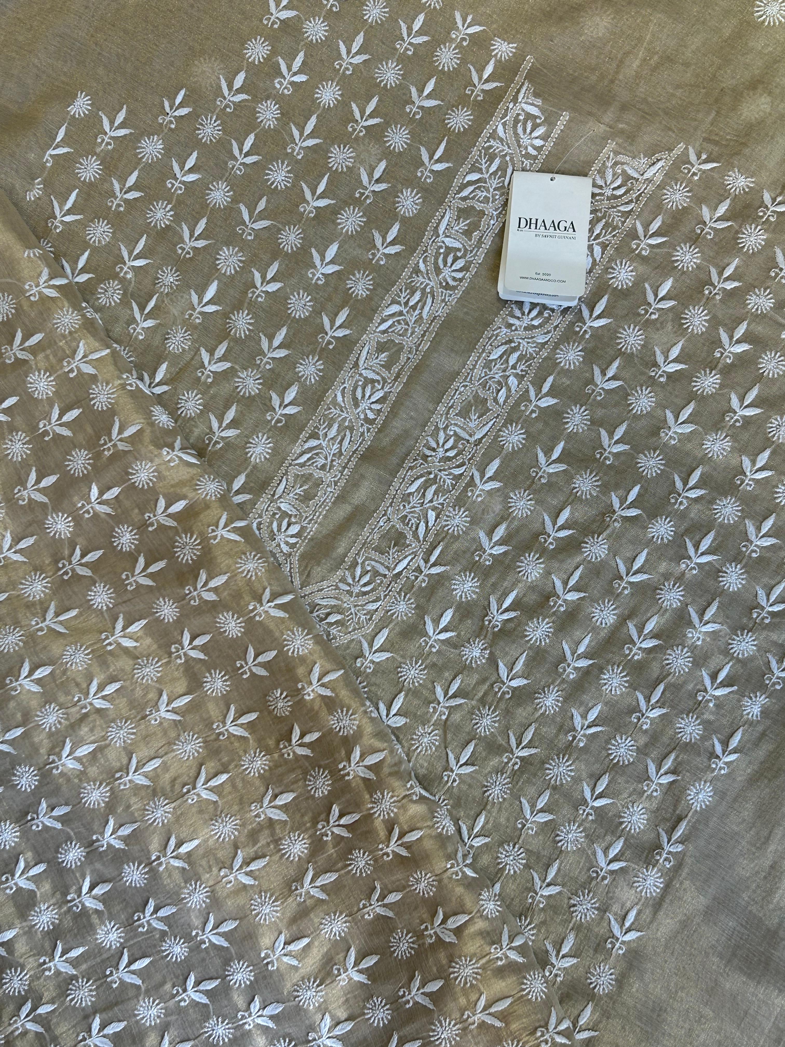 Beige Golden Tissue Chikankari Mens kurta