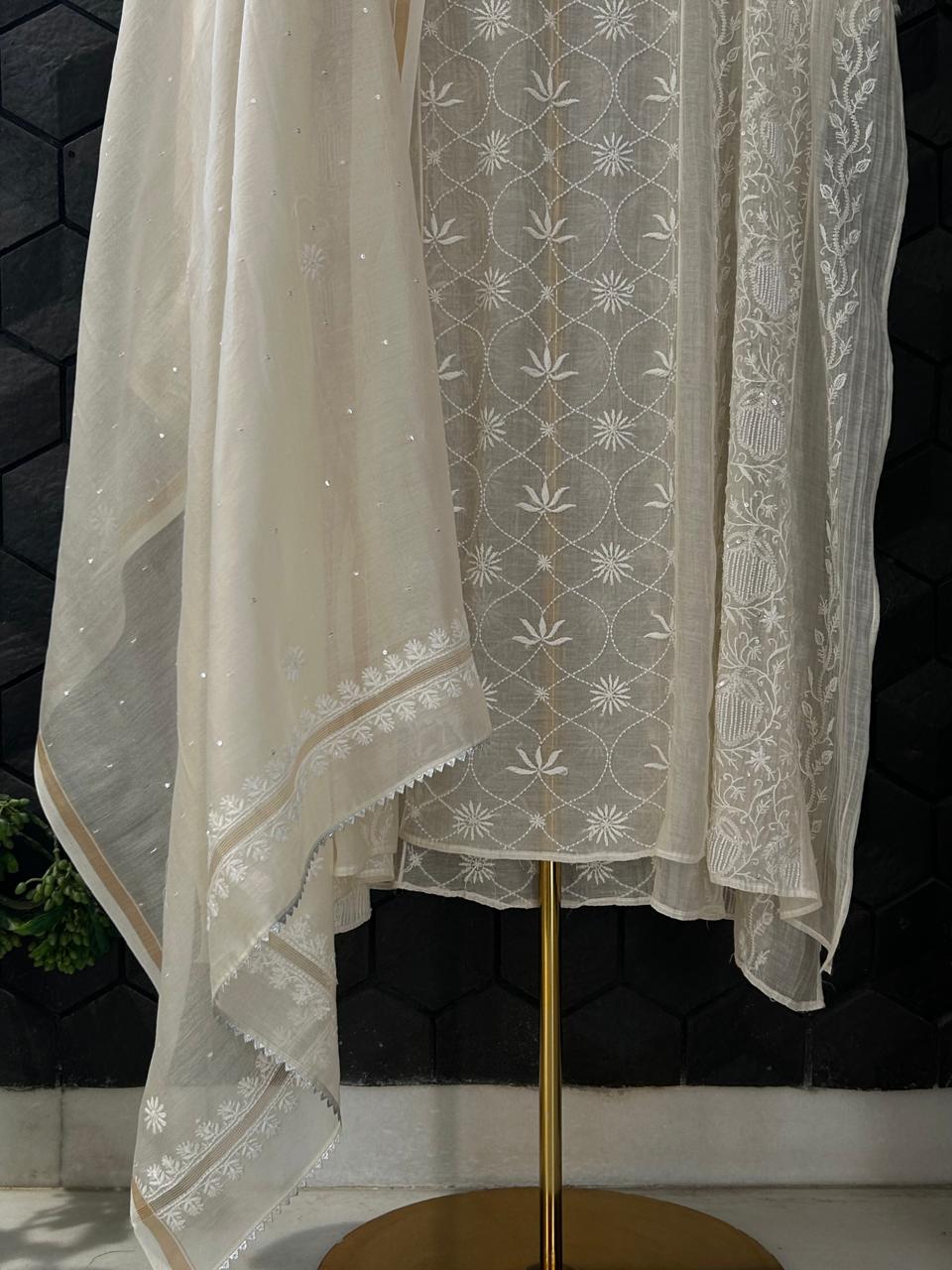Ivory Mul Chanderi Chikankari Anarkali Set