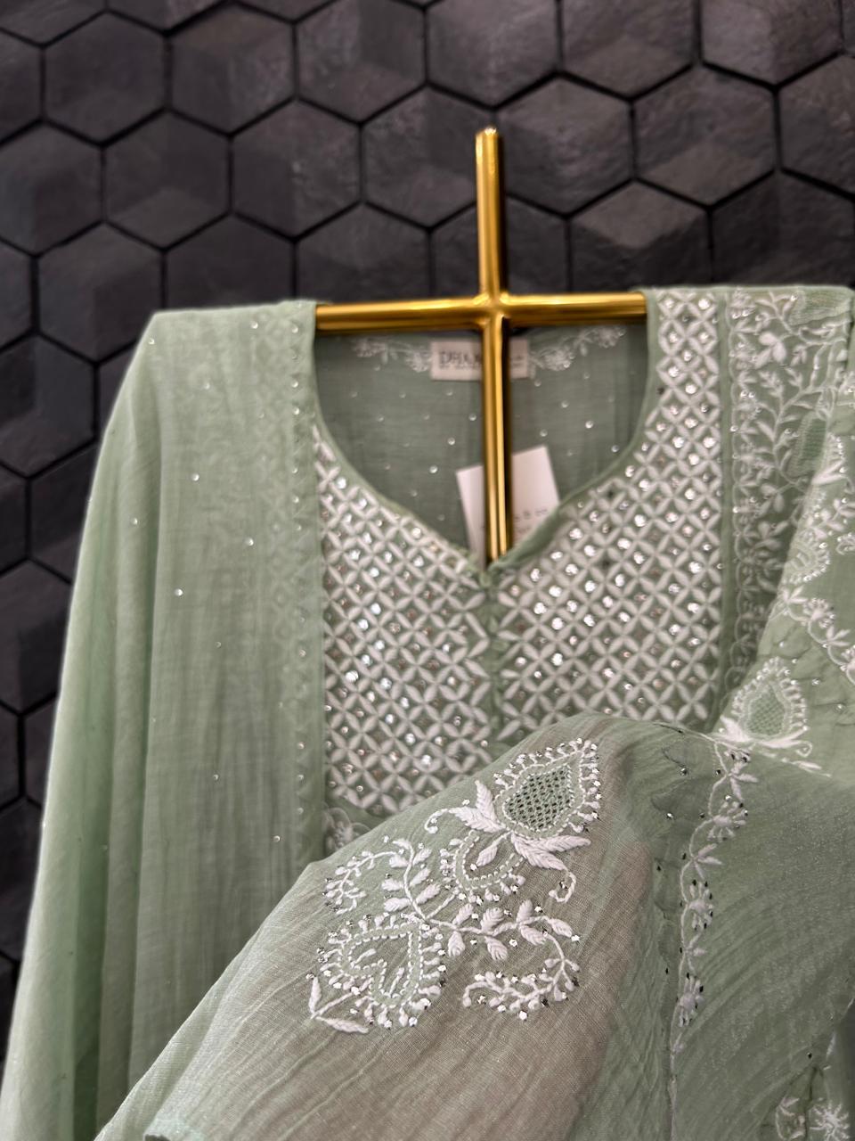 Green Silver Tissue Angarkha Chikankari Kurta Set
