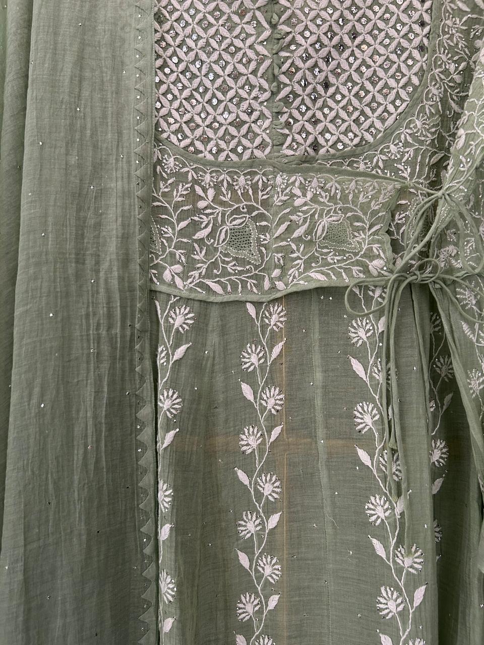 Green Silver Tissue Angarkha Chikankari Kurta Set
