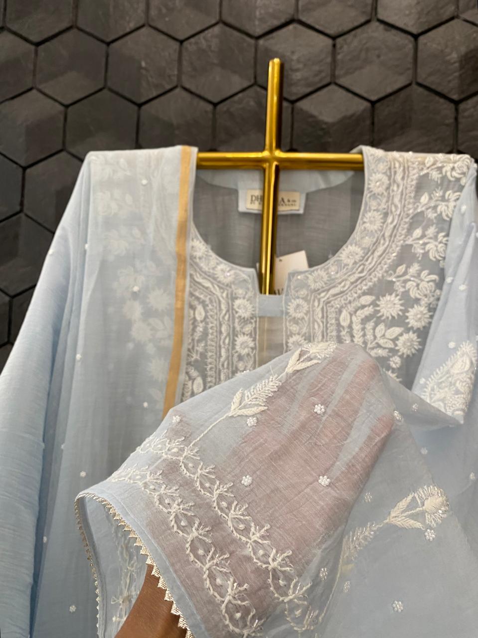 Blue Mul Chanderi Chikankari Kurta Set