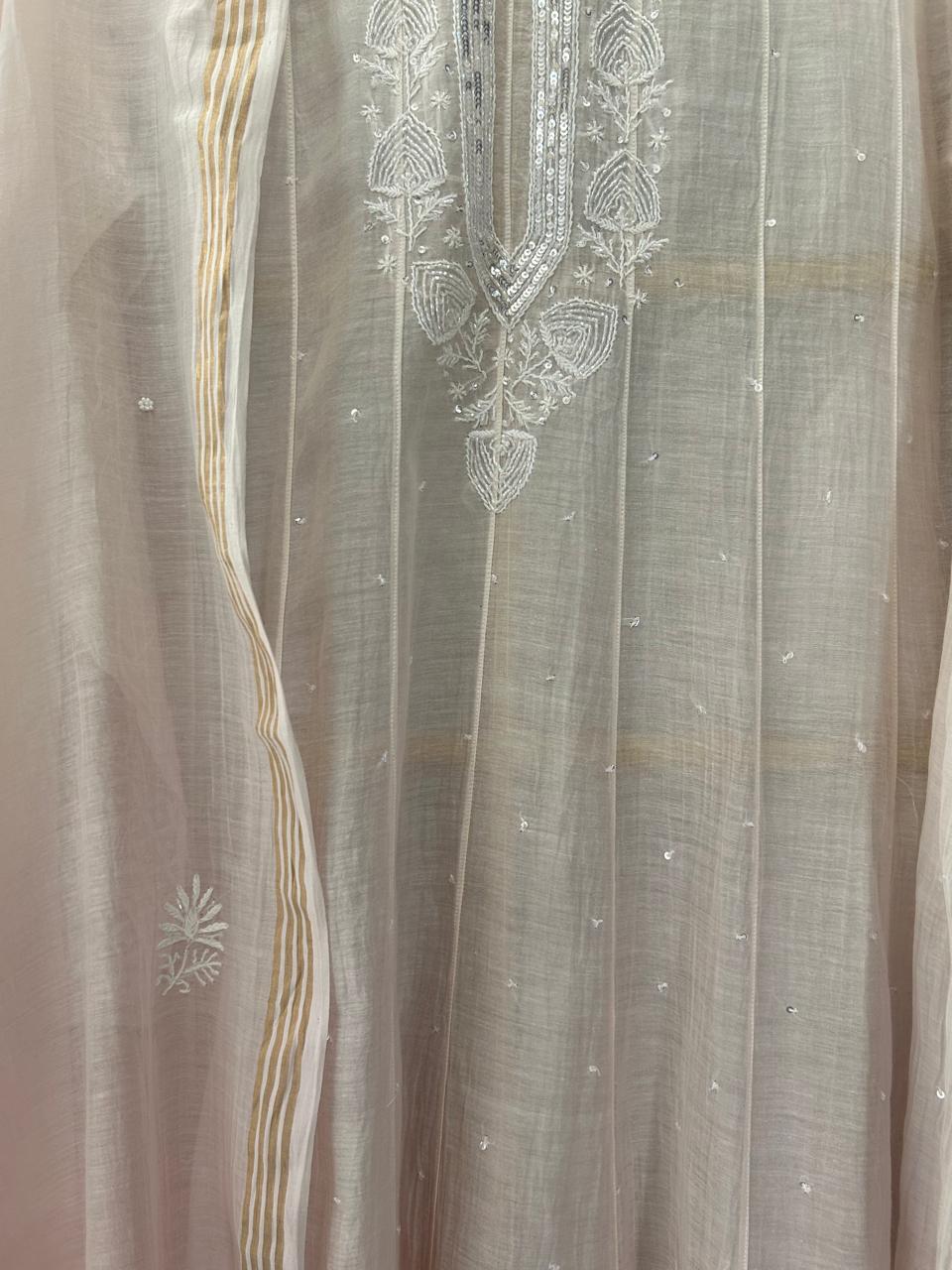 Pink Mul Chanderi Chikankari Anarkali Set