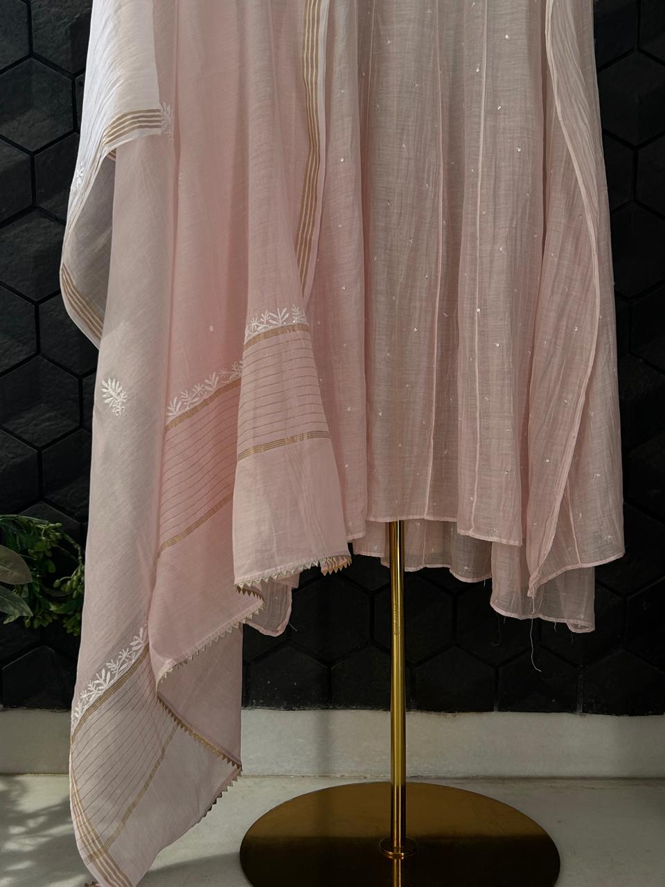 Pink Mul Chanderi Chikankari Anarkali Set