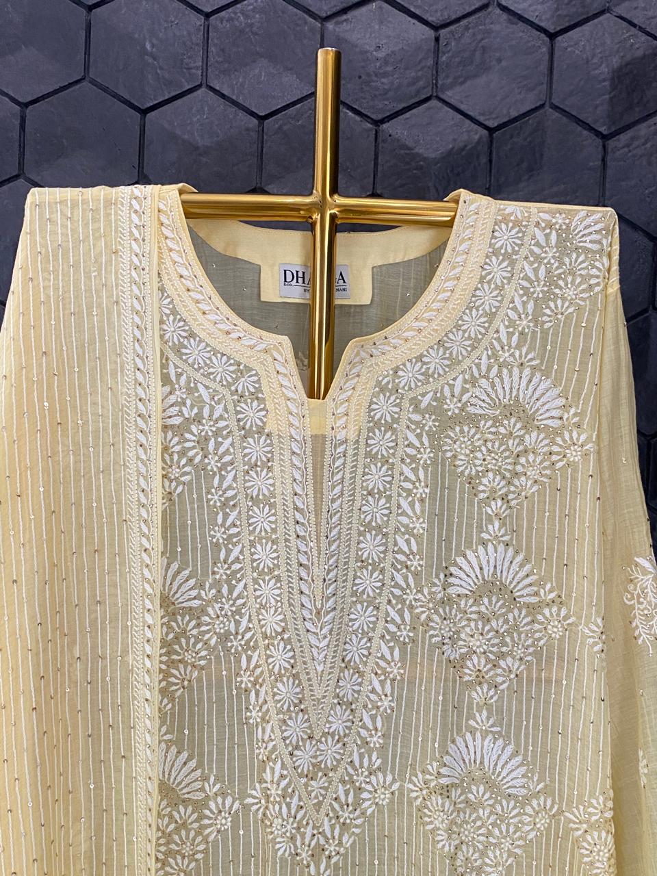 Yellow Mul Chanderi Chikankari Mukaish Kurta Set