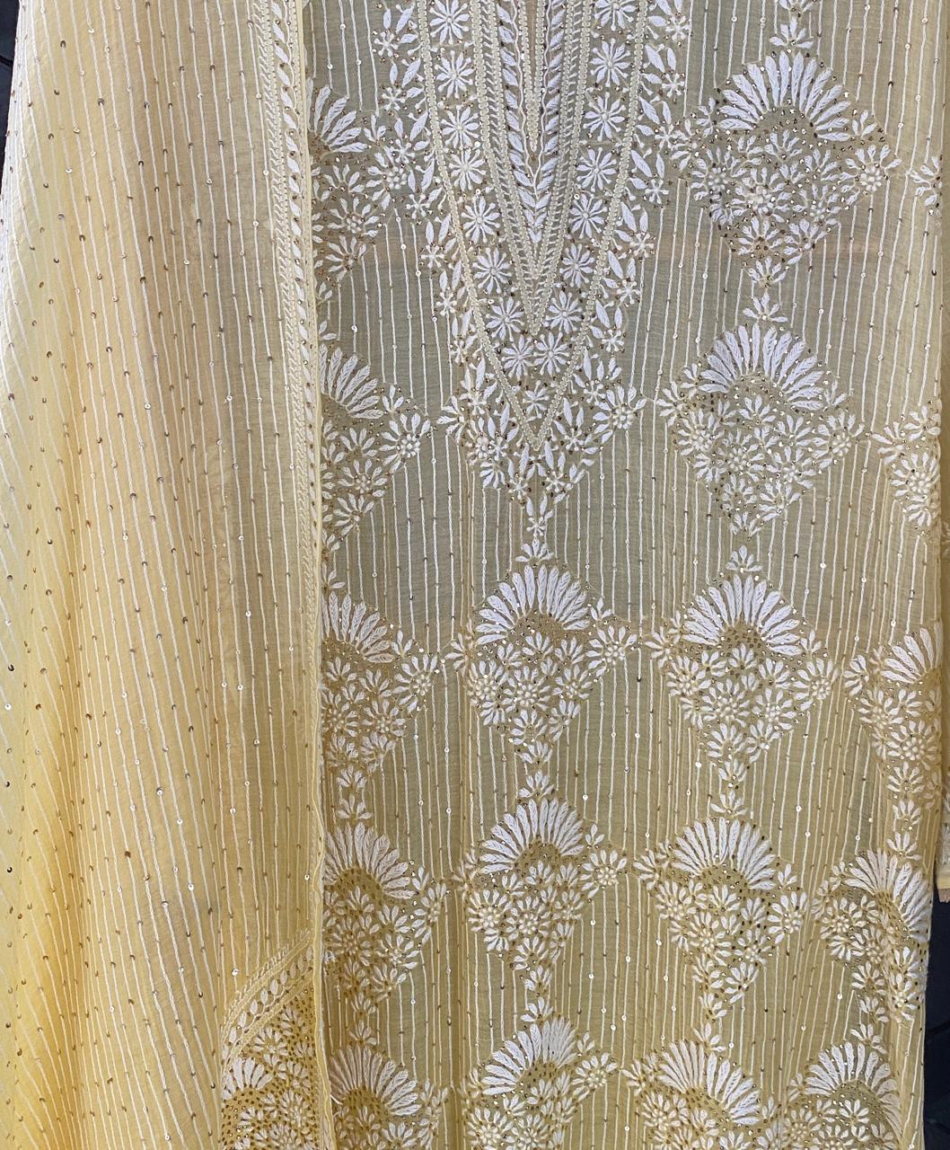 Yellow Mul Chanderi Chikankari Mukaish Kurta Set