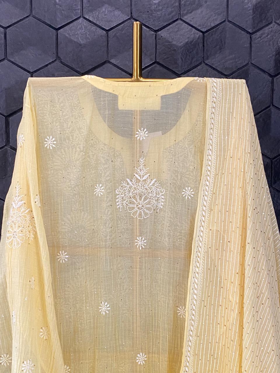 Yellow Mul Chanderi Chikankari Mukaish Kurta Set