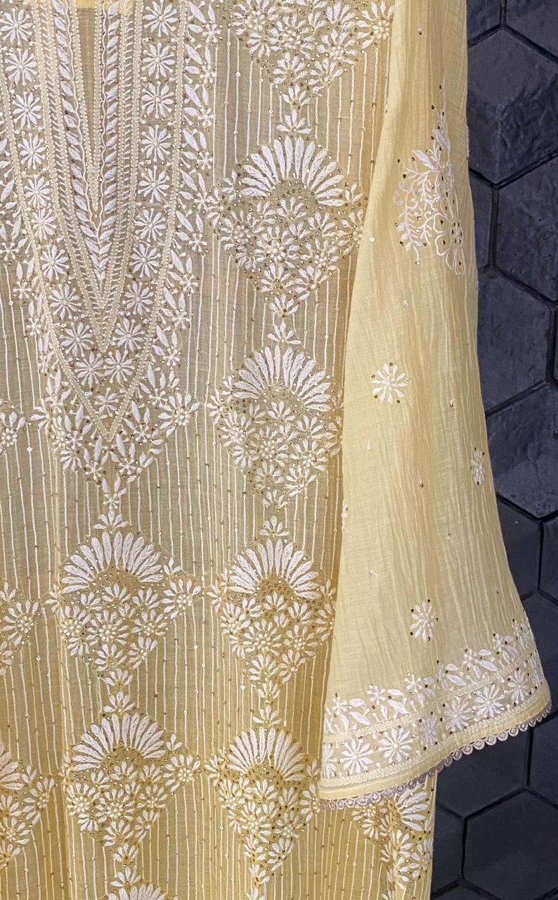Yellow Mul Chanderi Chikankari Mukaish Kurta Set