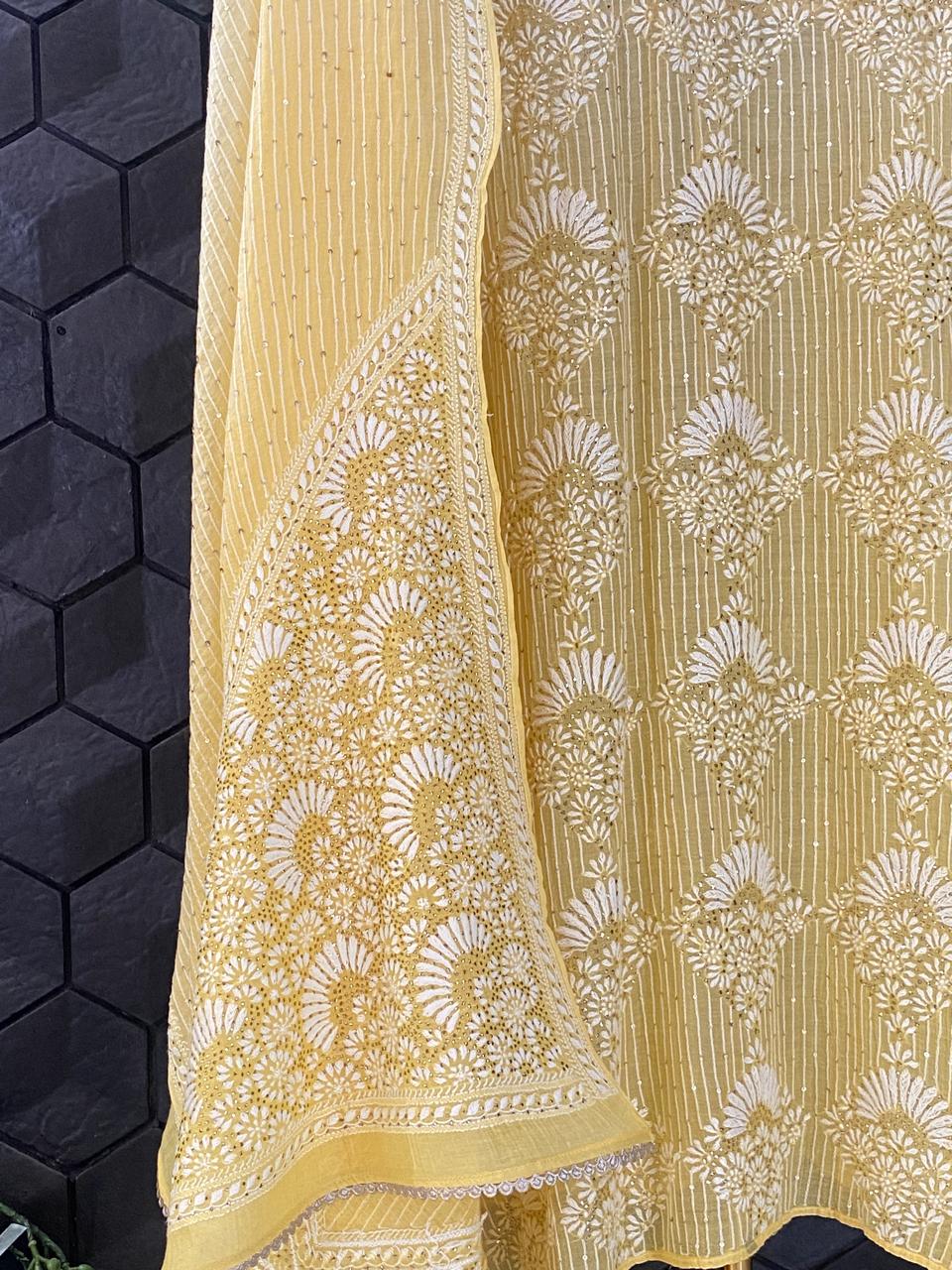 Yellow Mul Chanderi Chikankari Mukaish Kurta Set