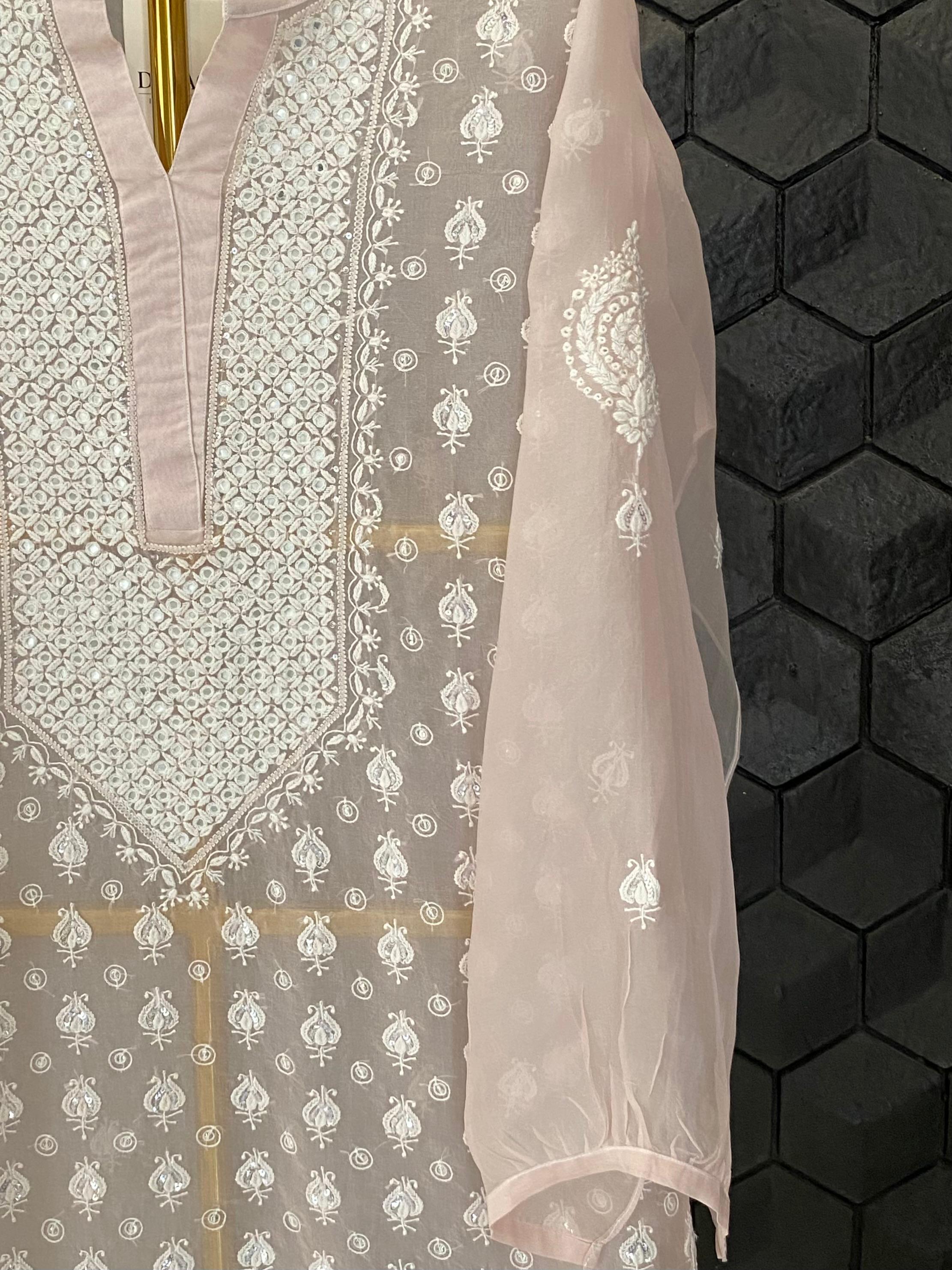 Pink Organza Chikankari Mirror Work Co-ord Set