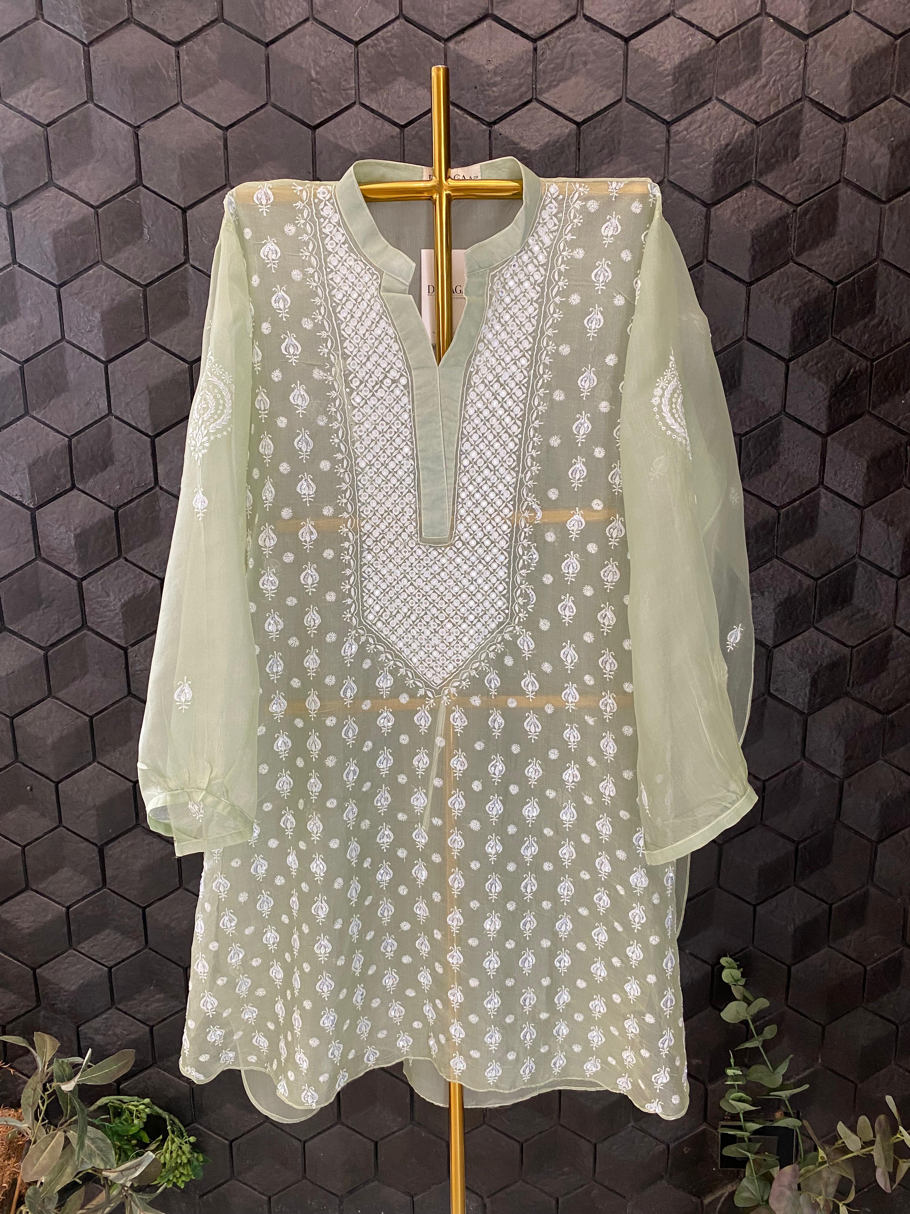 Green Organza Chikankari Mirror work Co-ord Set