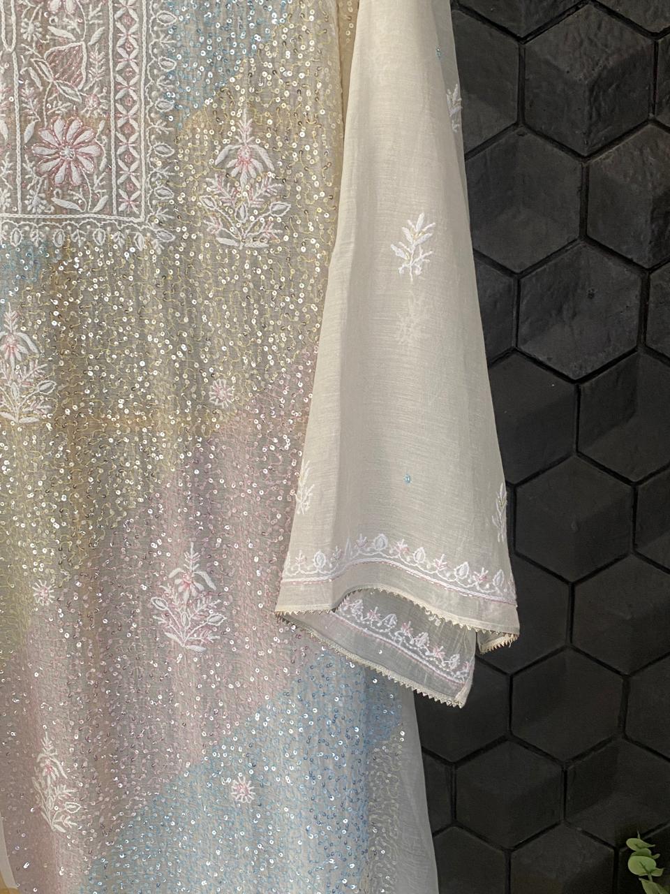 White Mul Chanderi Chikankari kurta Set