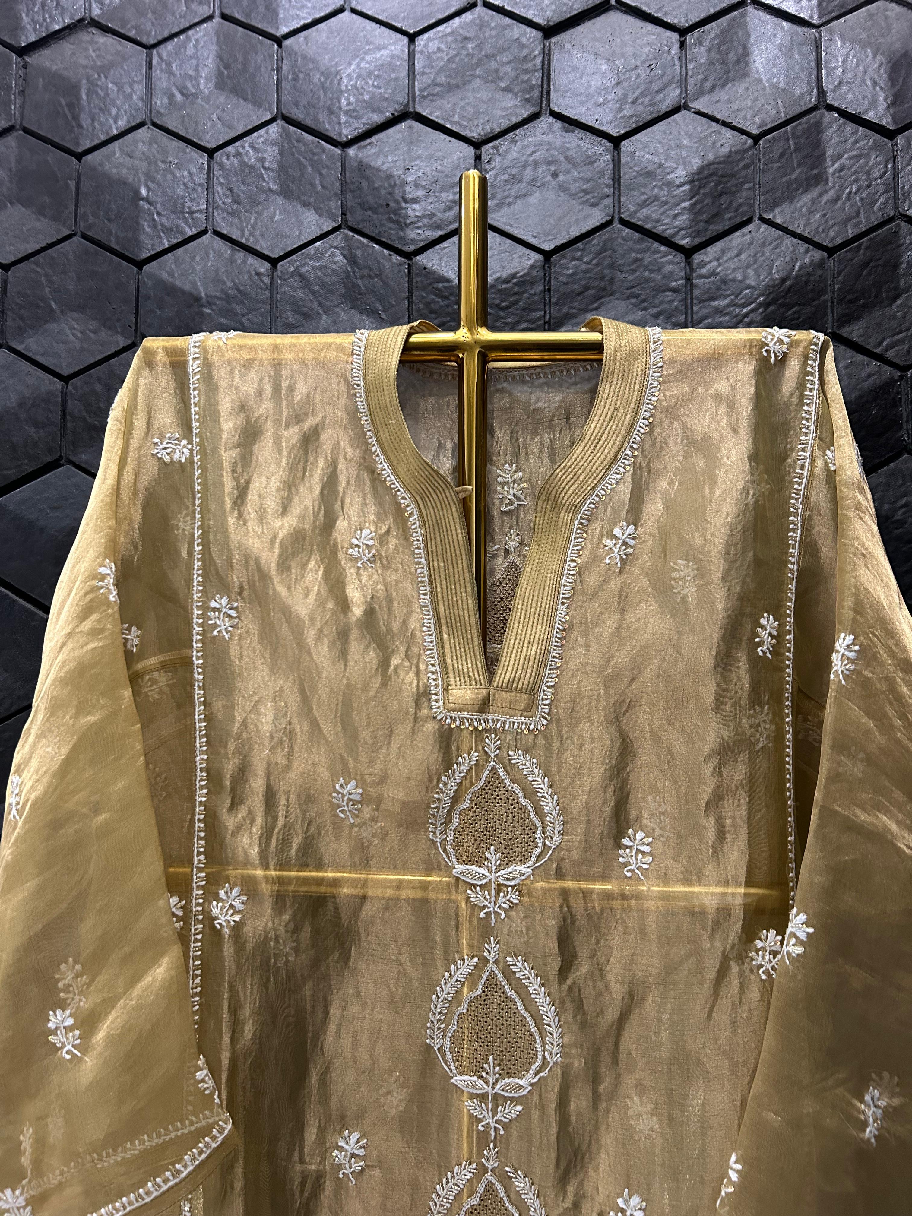 Green Golden Tissue Chikankari Co-ord Set