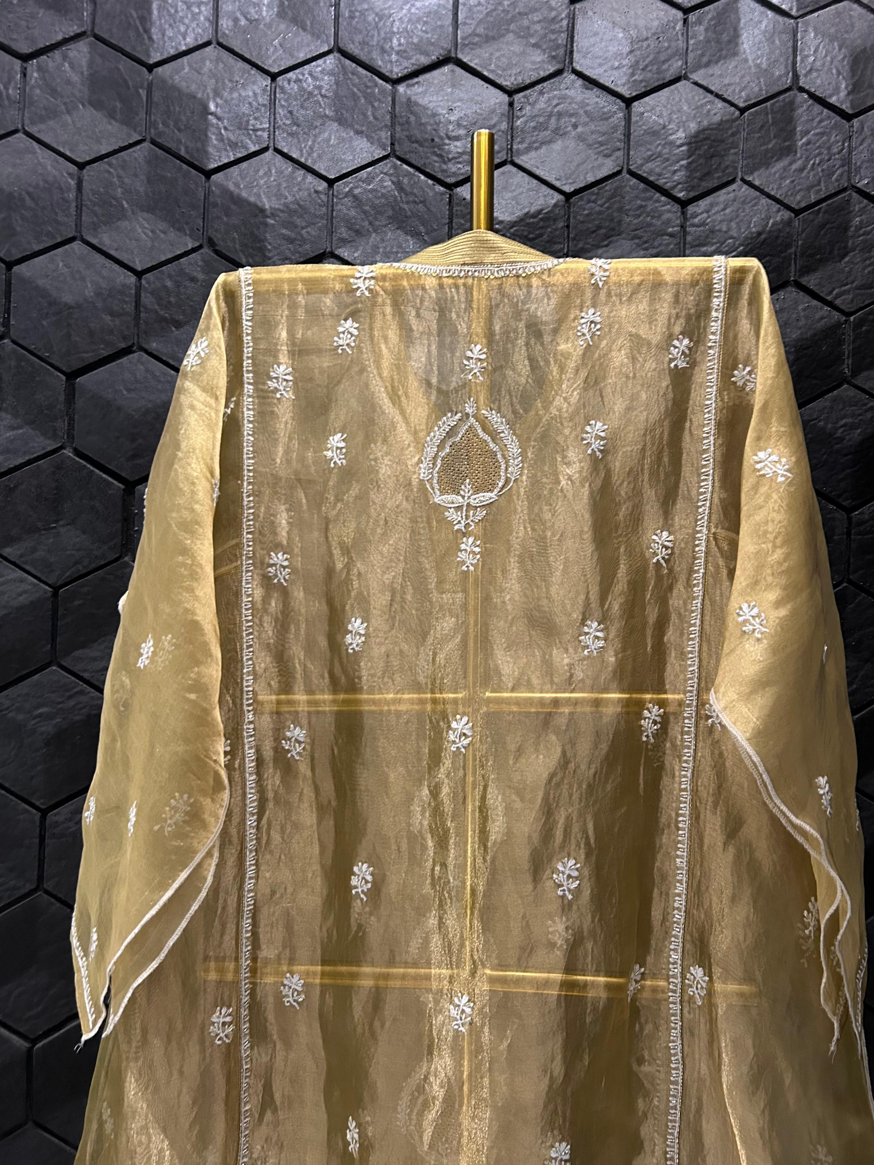 Green Golden Tissue Chikankari Co-ord Set