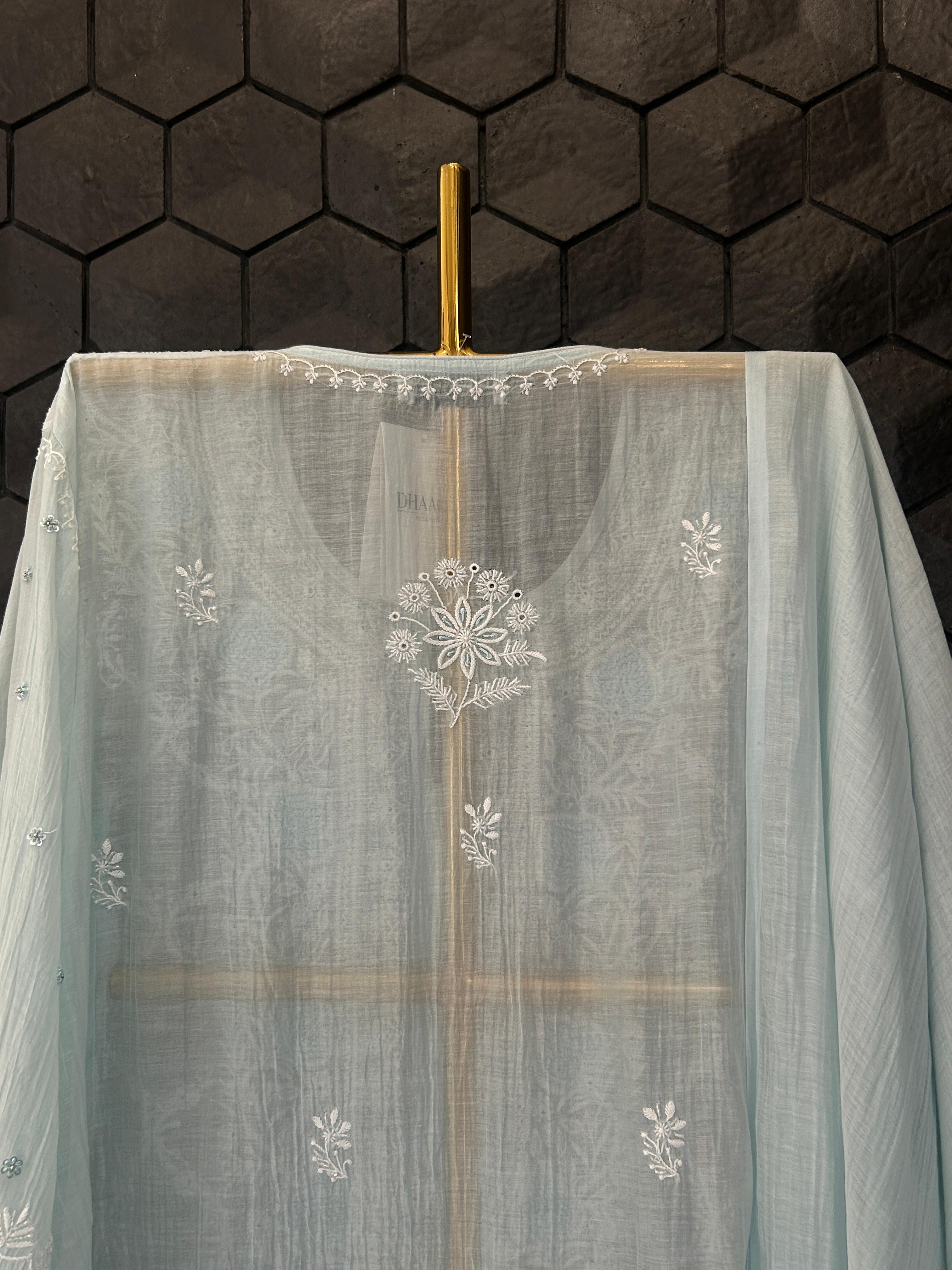 Blue Mul Chanderi Chikankari Kurta Set