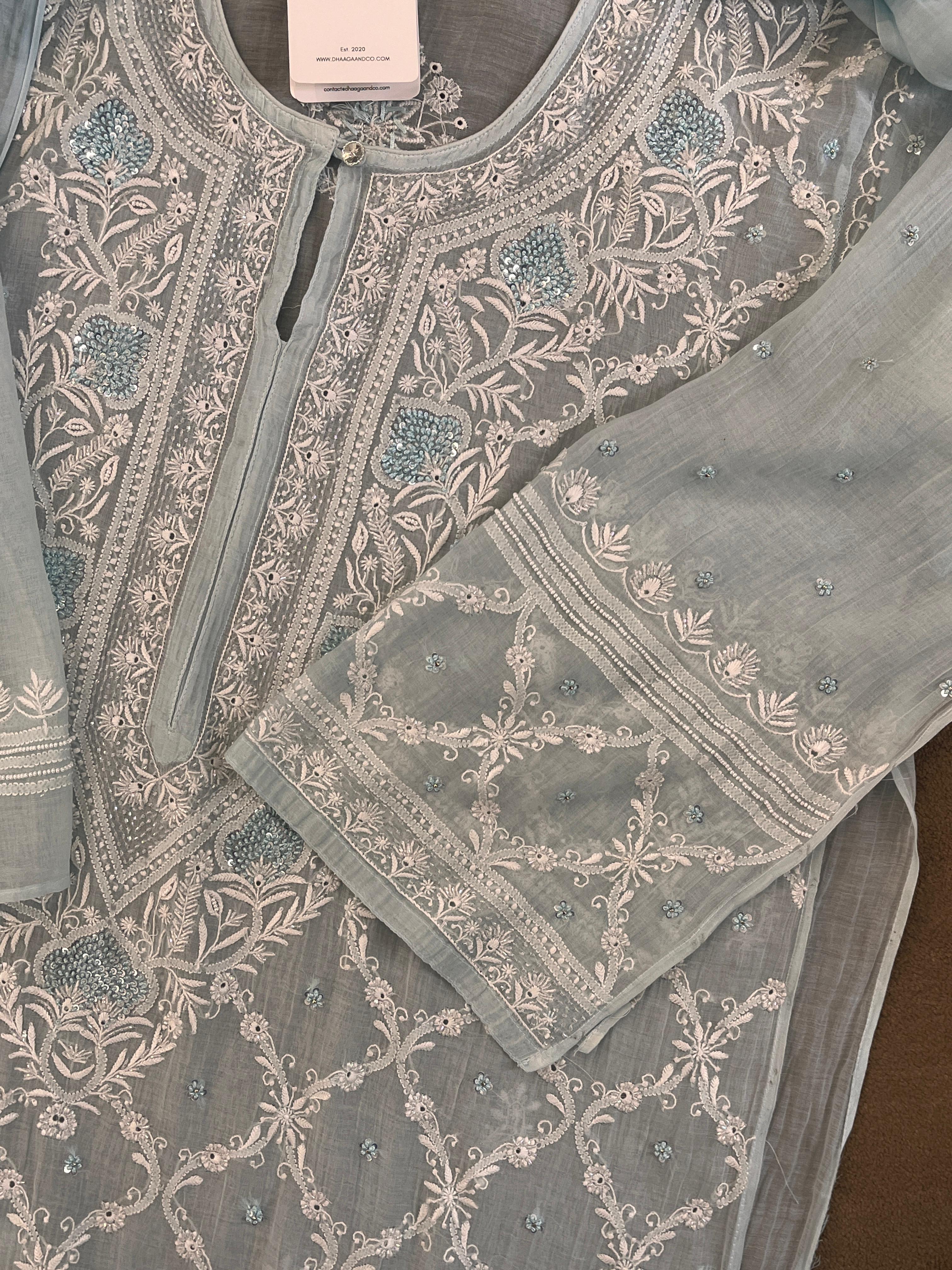Blue Mul Chanderi Chikankari Kurta Set
