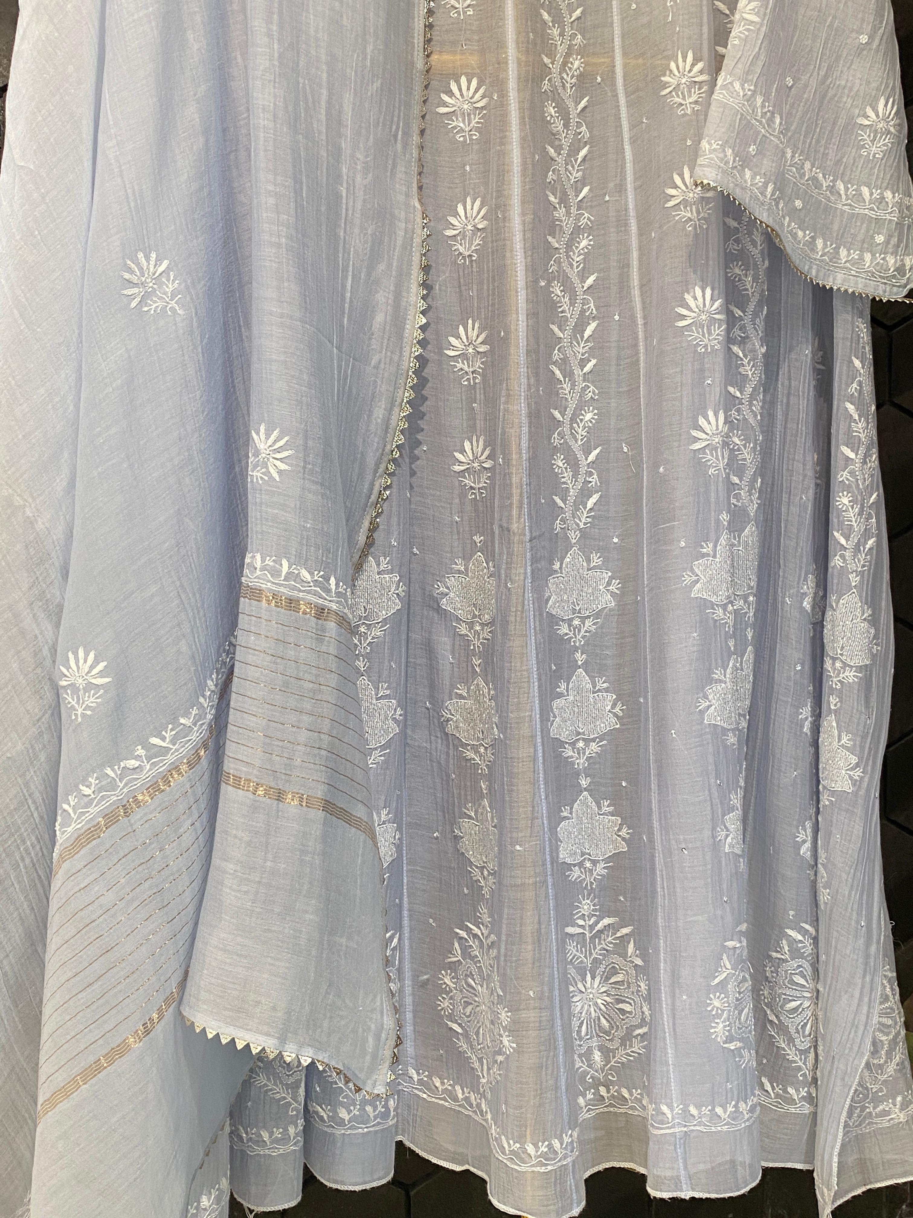 Blue Mul Chanderi Chikankari Anarkali Set
