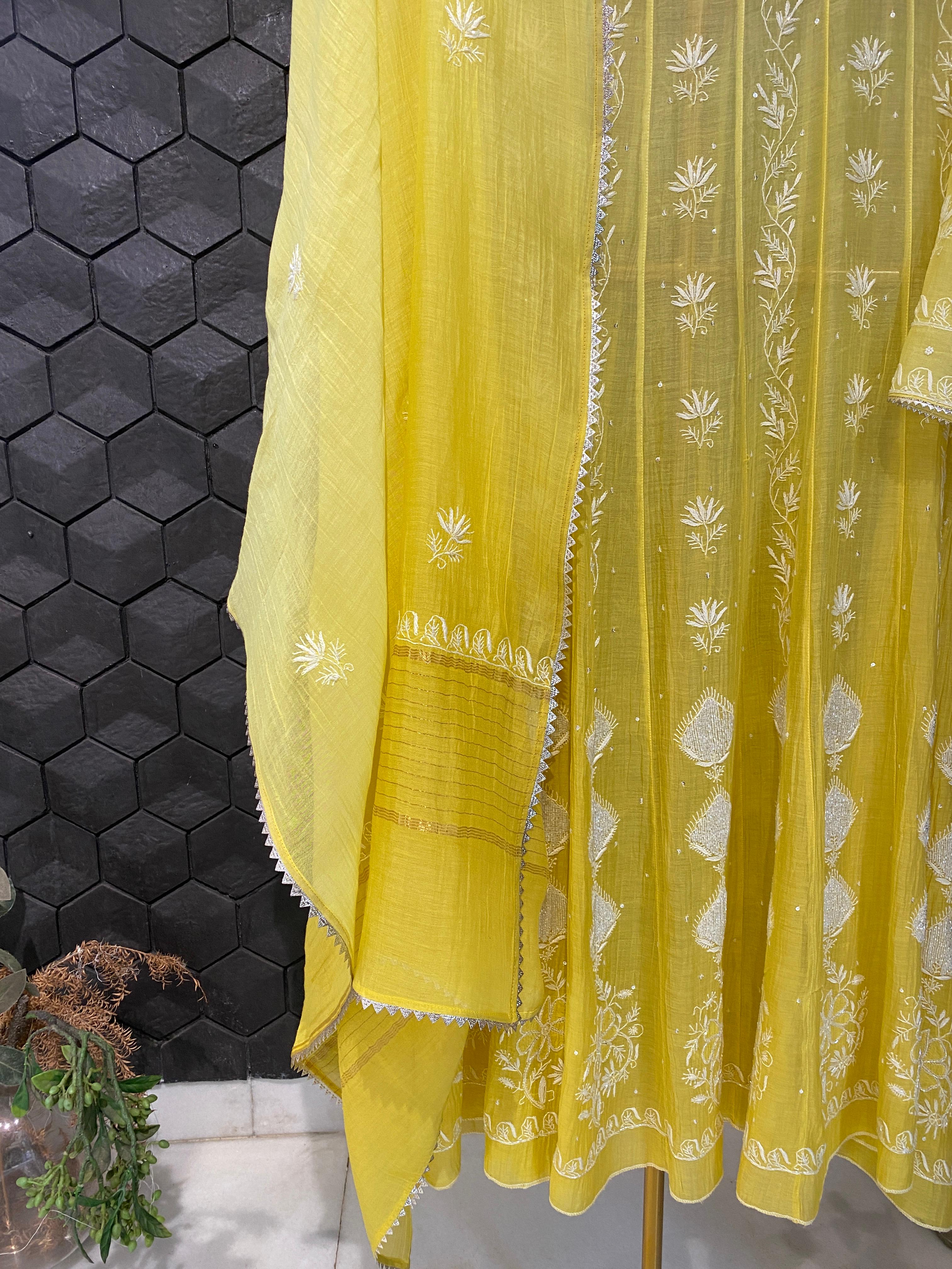 Yellow Mul Chanderi Chikankari Anarkali Set