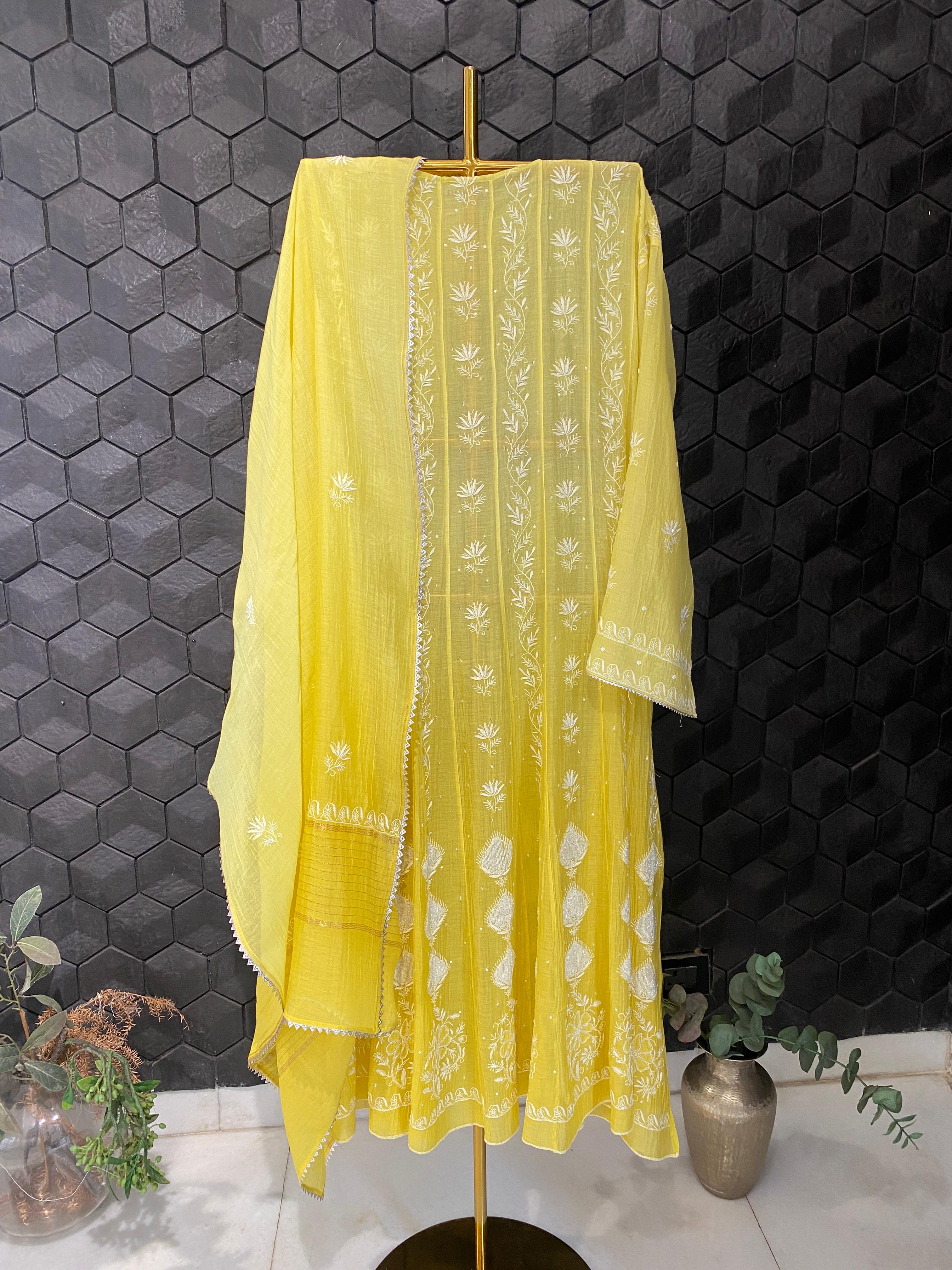 Yellow Mul Chanderi Chikankari Anarkali Set