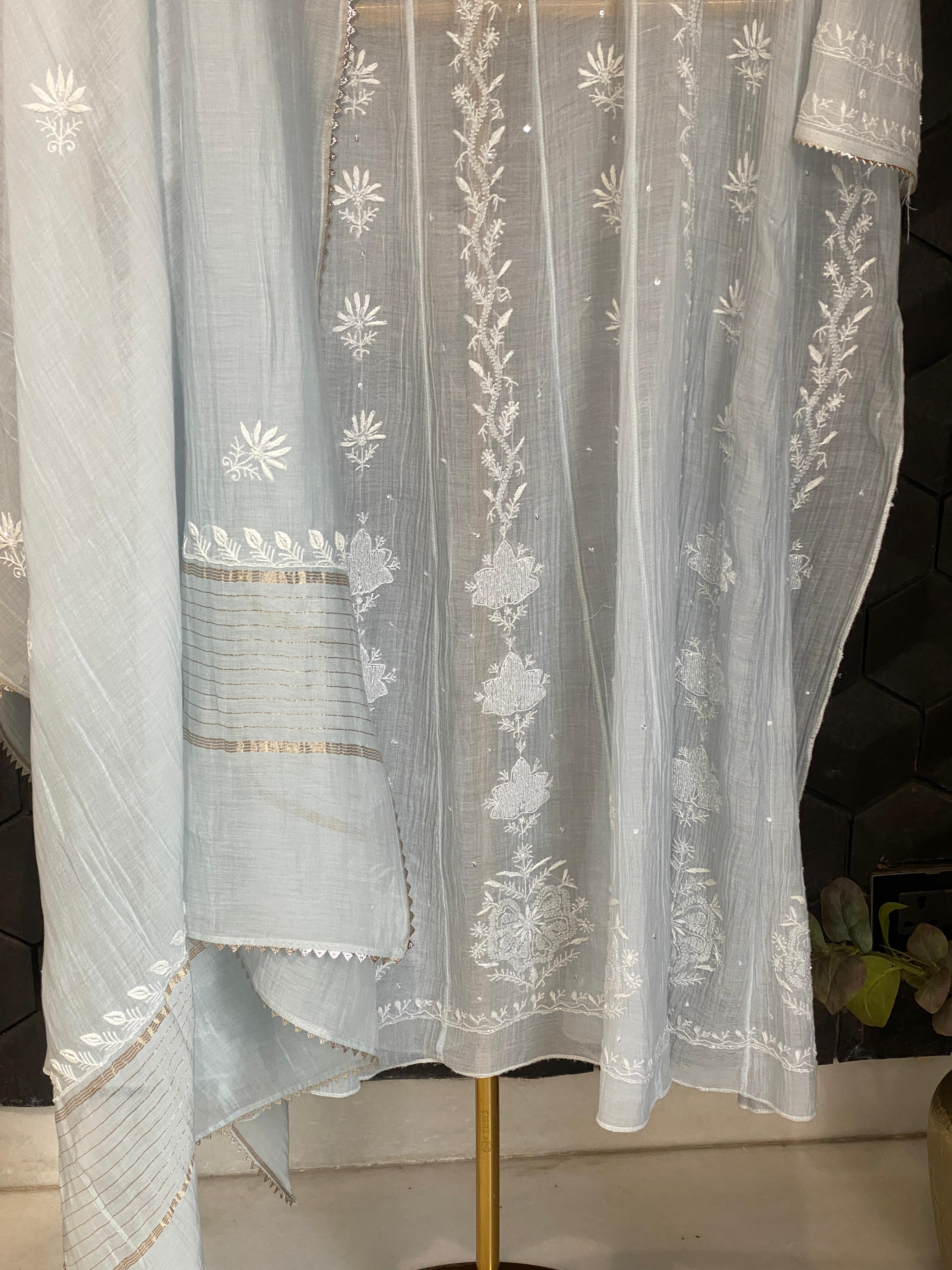 Blue Mul Chanderi Chikankari Anarkali Set