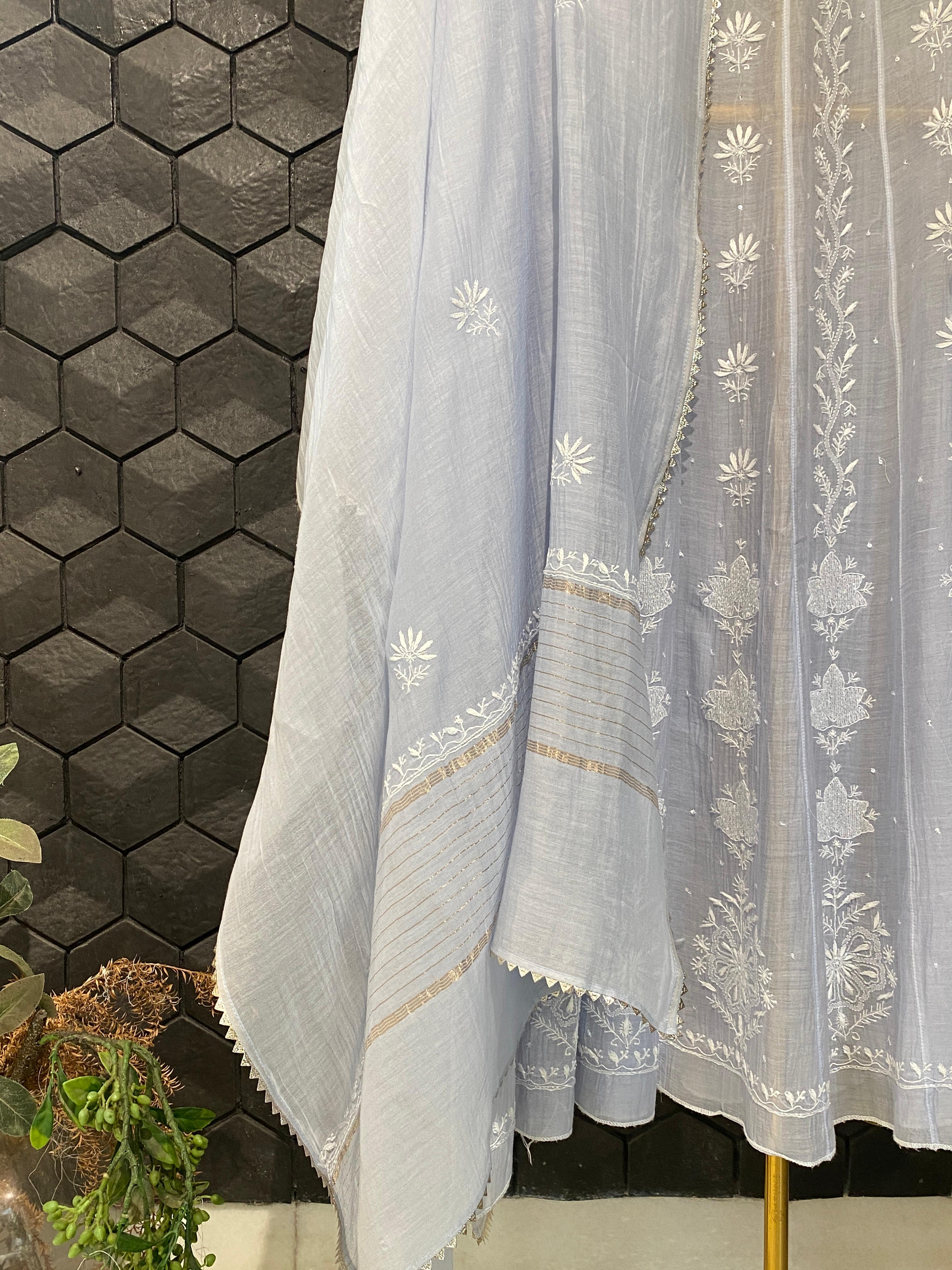 Blue Mul Chanderi Chikankari Anarkali Set