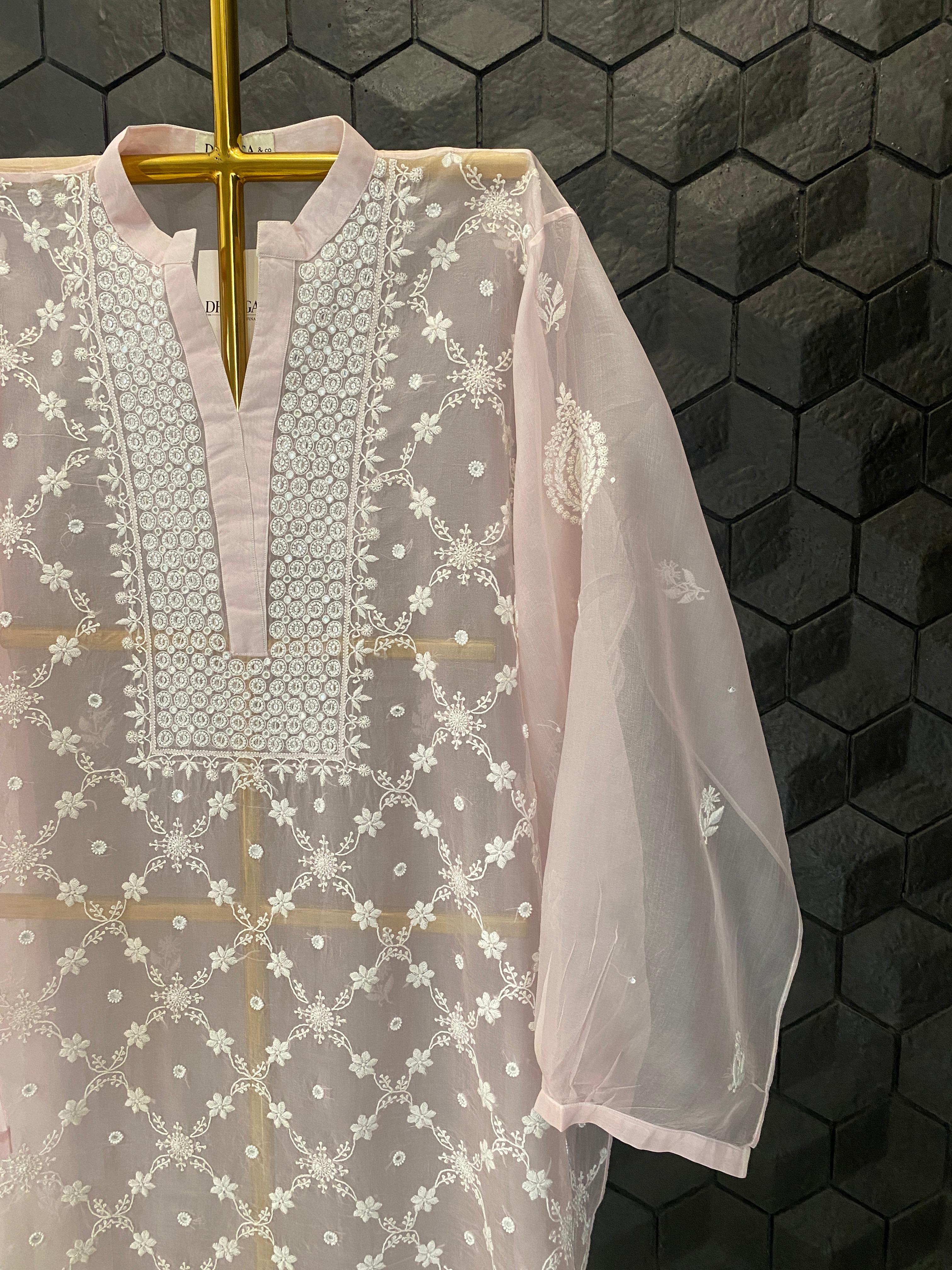 Pink Organza Chikankari Co-ord Set