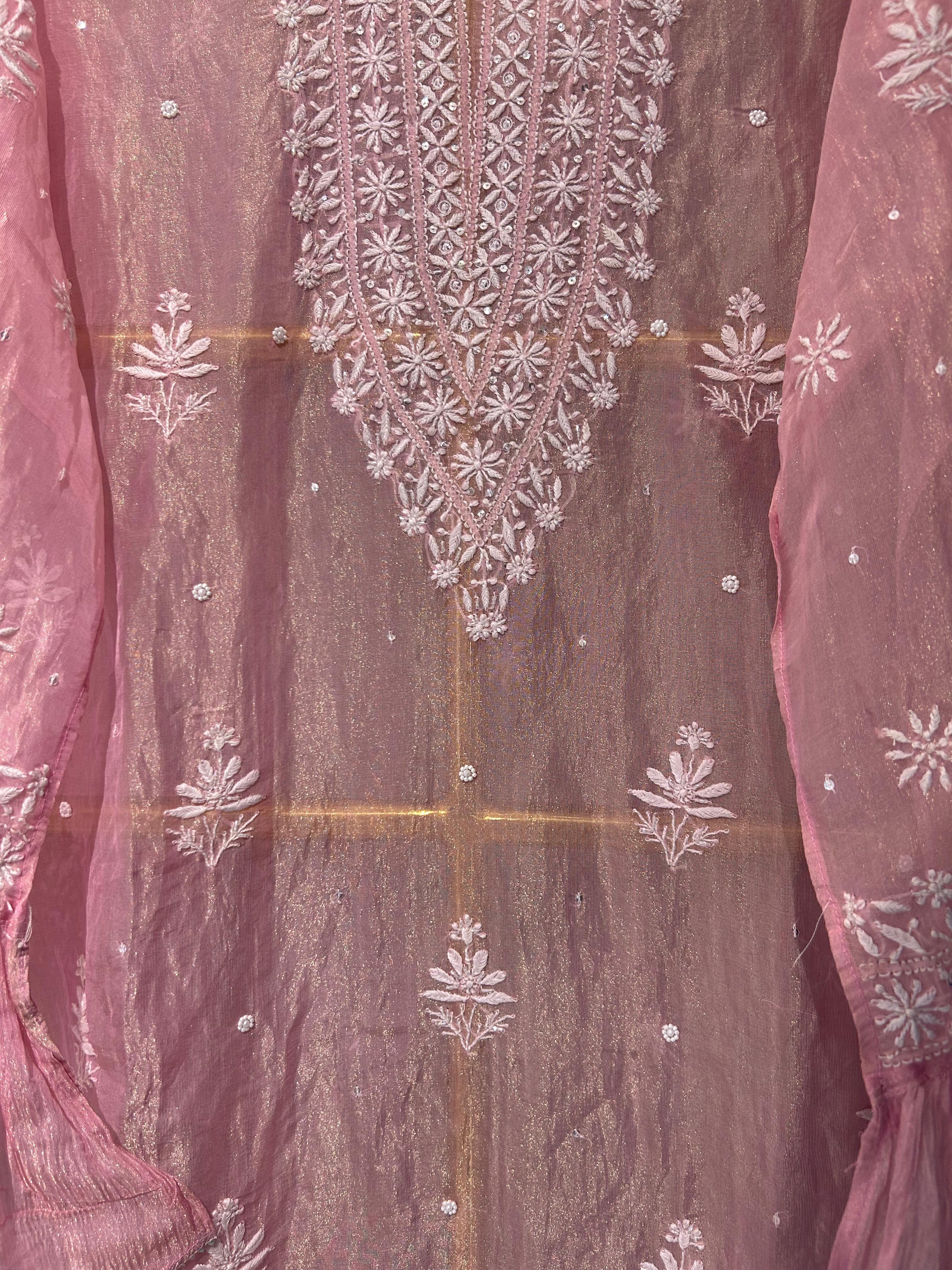 Pink Shimmer tissue chikankari co-ord set