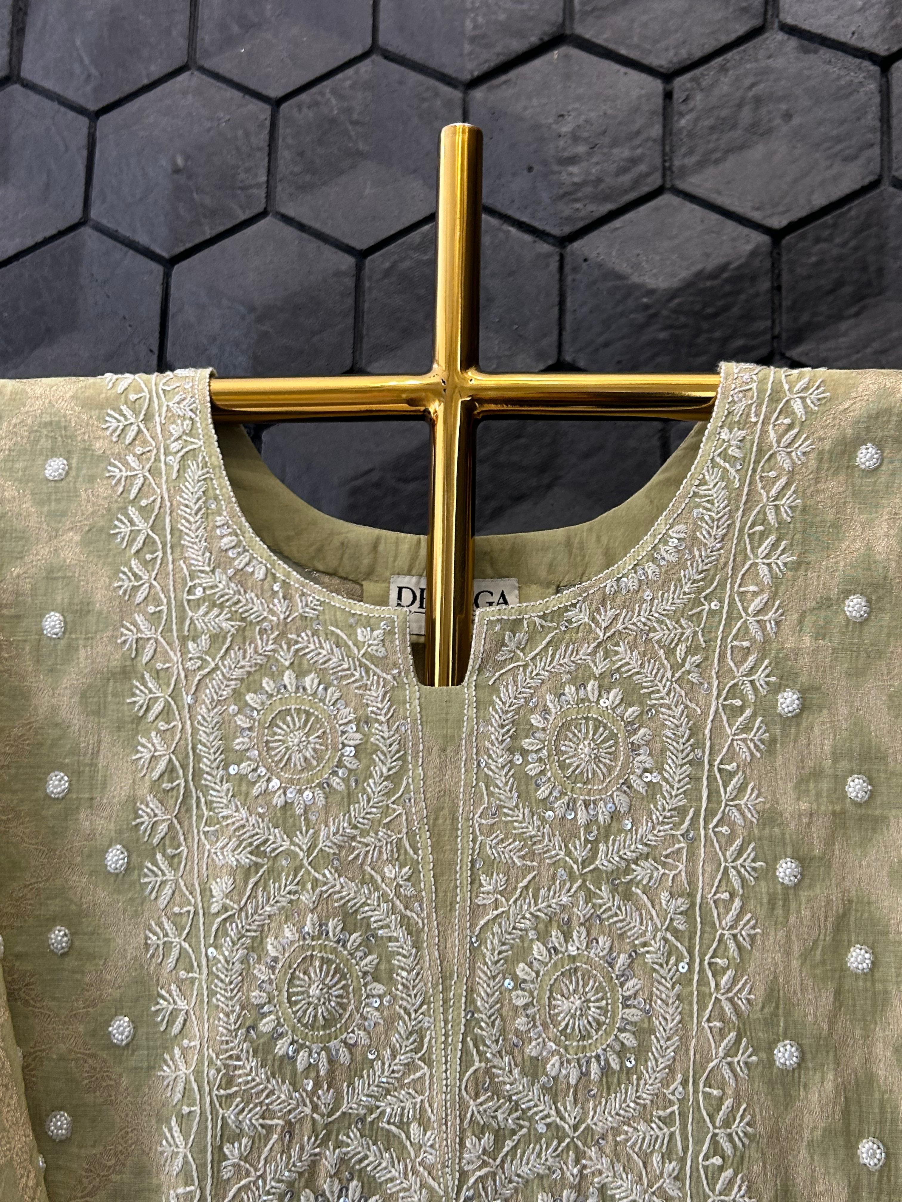 Green Golden Tissue Chikankari Co-ord Set