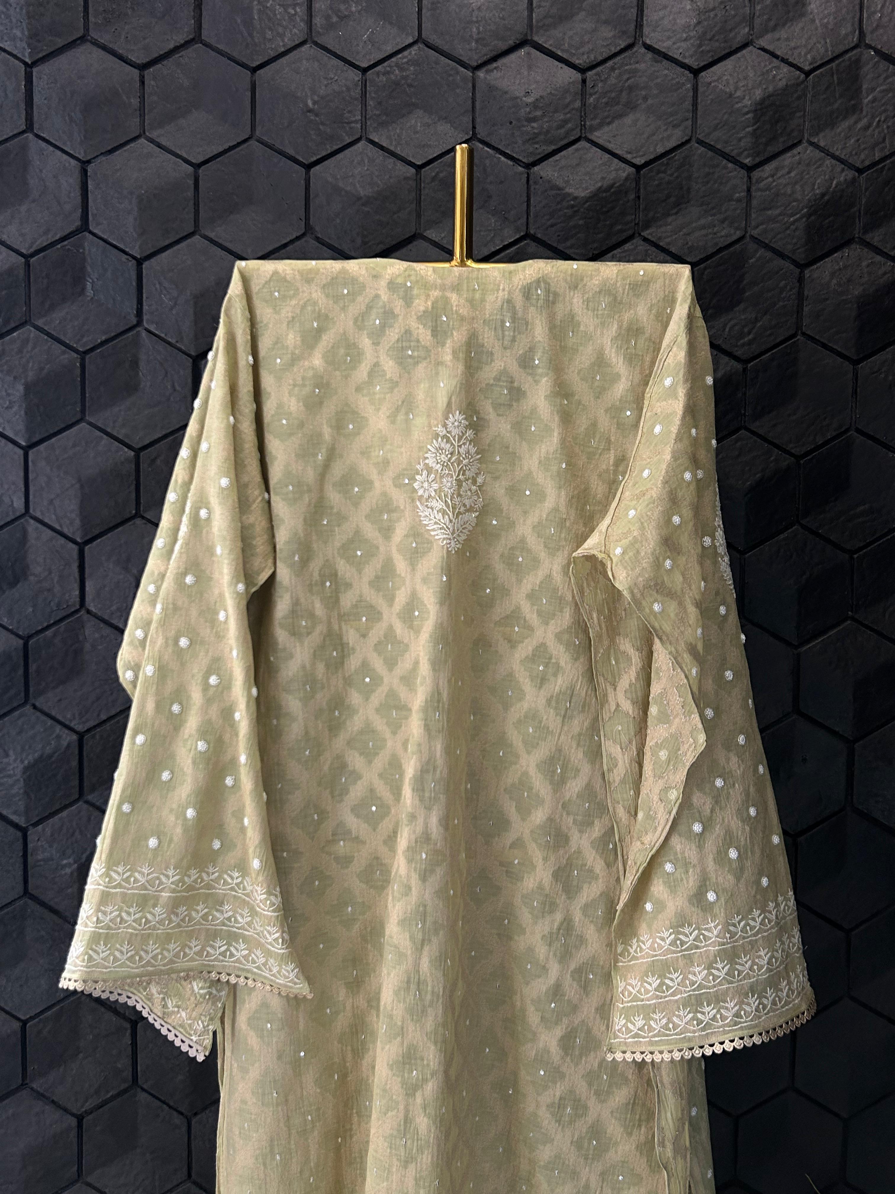 Green Golden Tissue Chikankari Co-ord Set