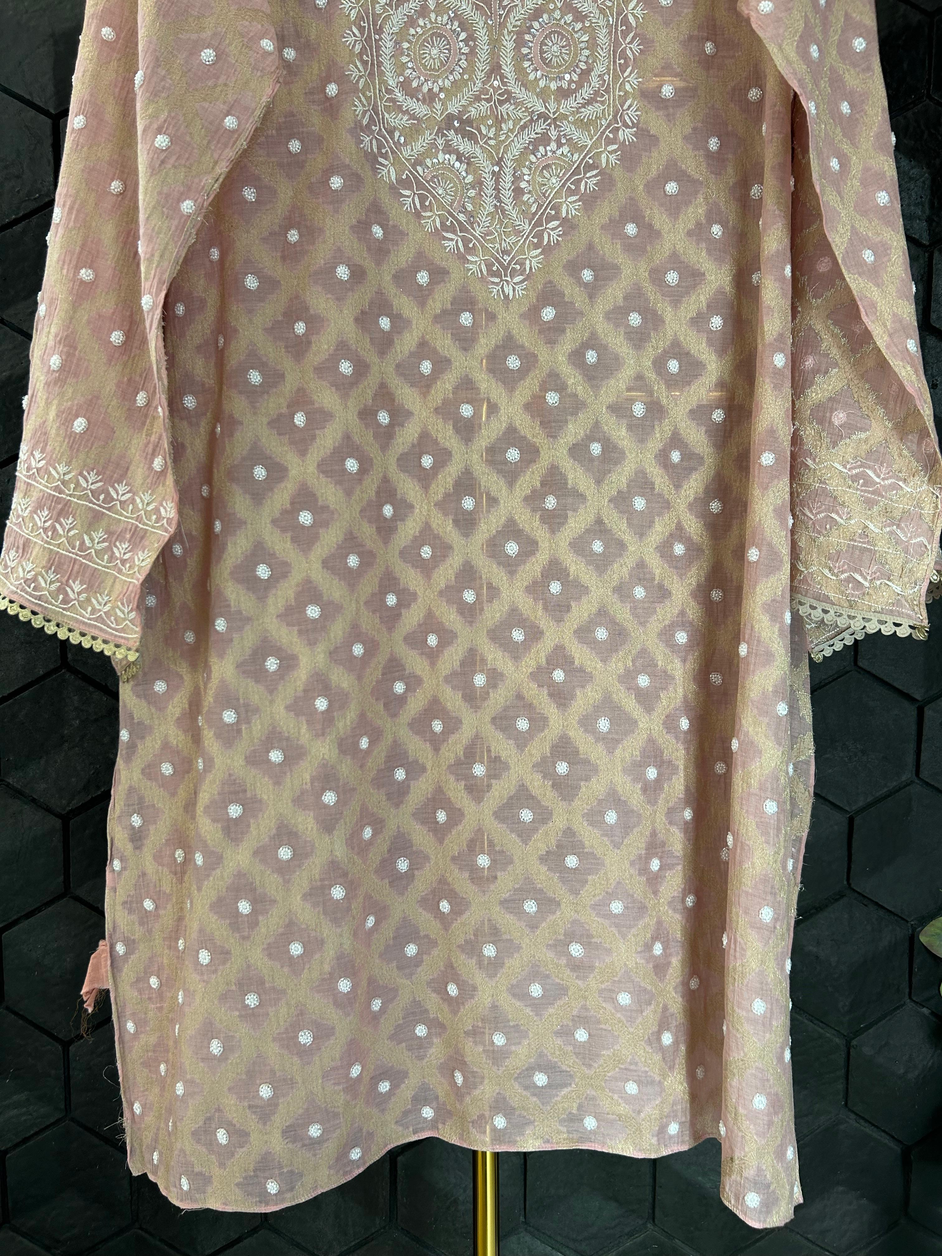 Pink Silver Tissue Chikankari Co-ord Set