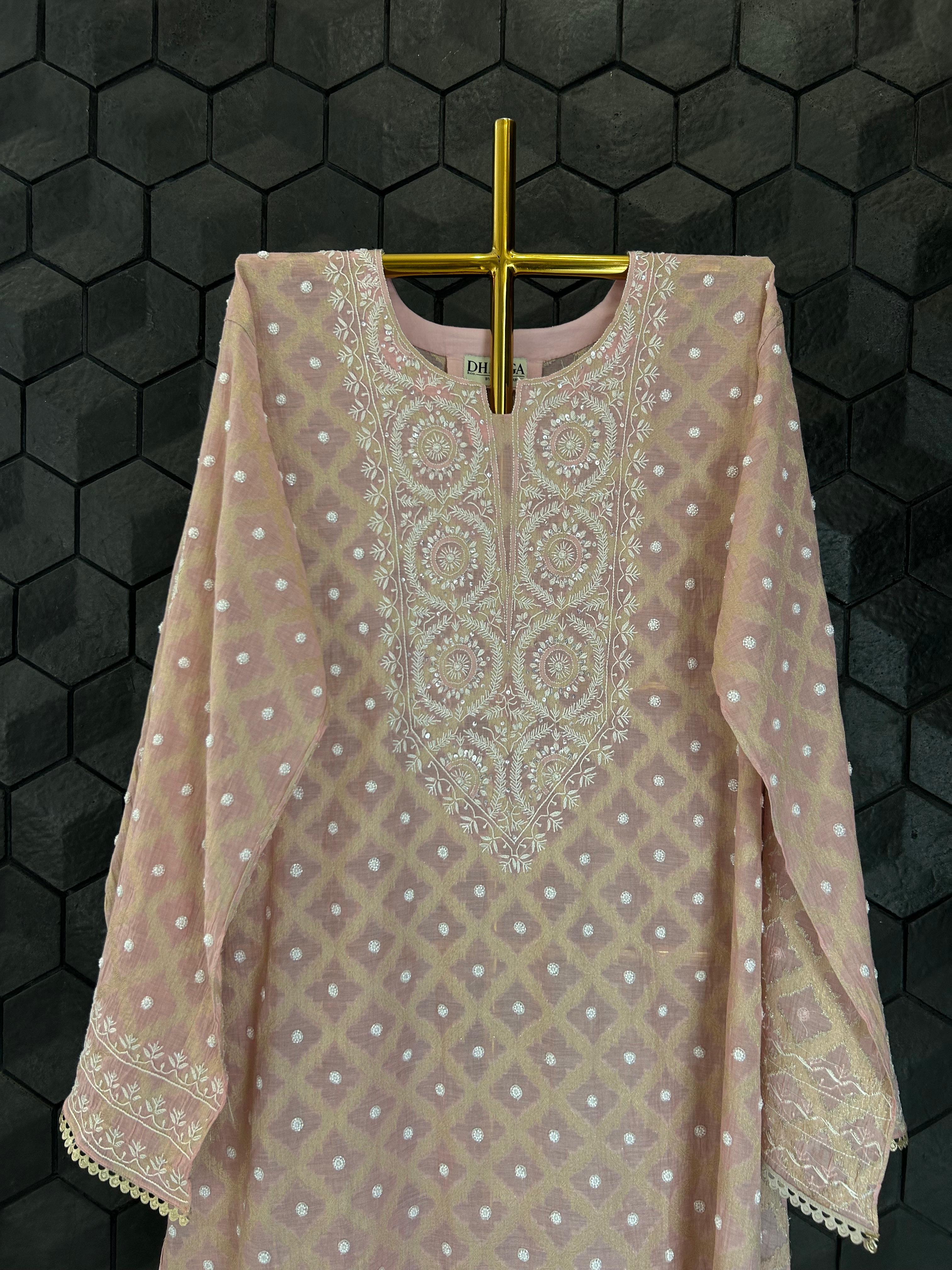 Pink Silver Tissue Chikankari Co-ord Set