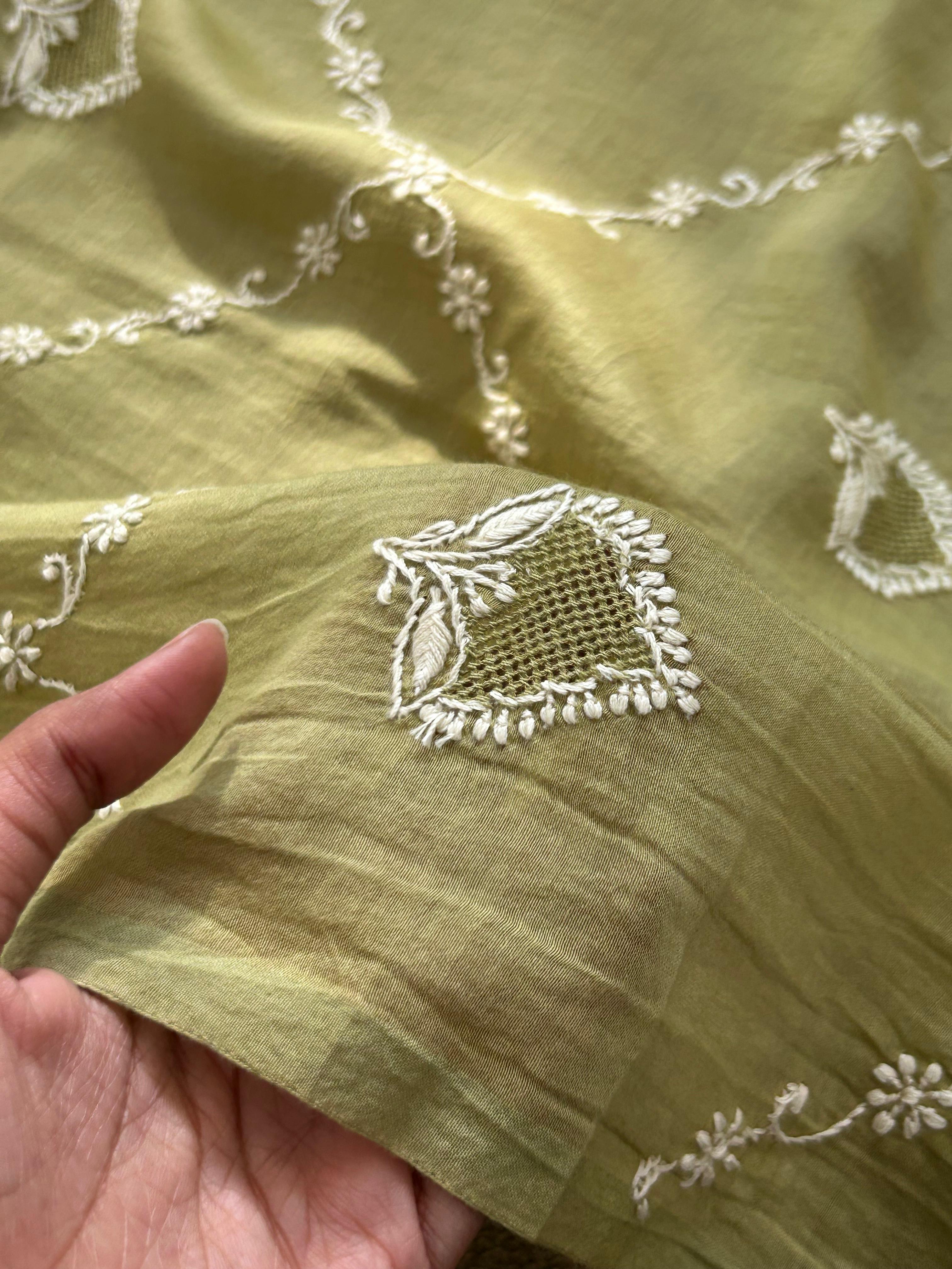 Green Mul Chanderi Chikankari Dupatta