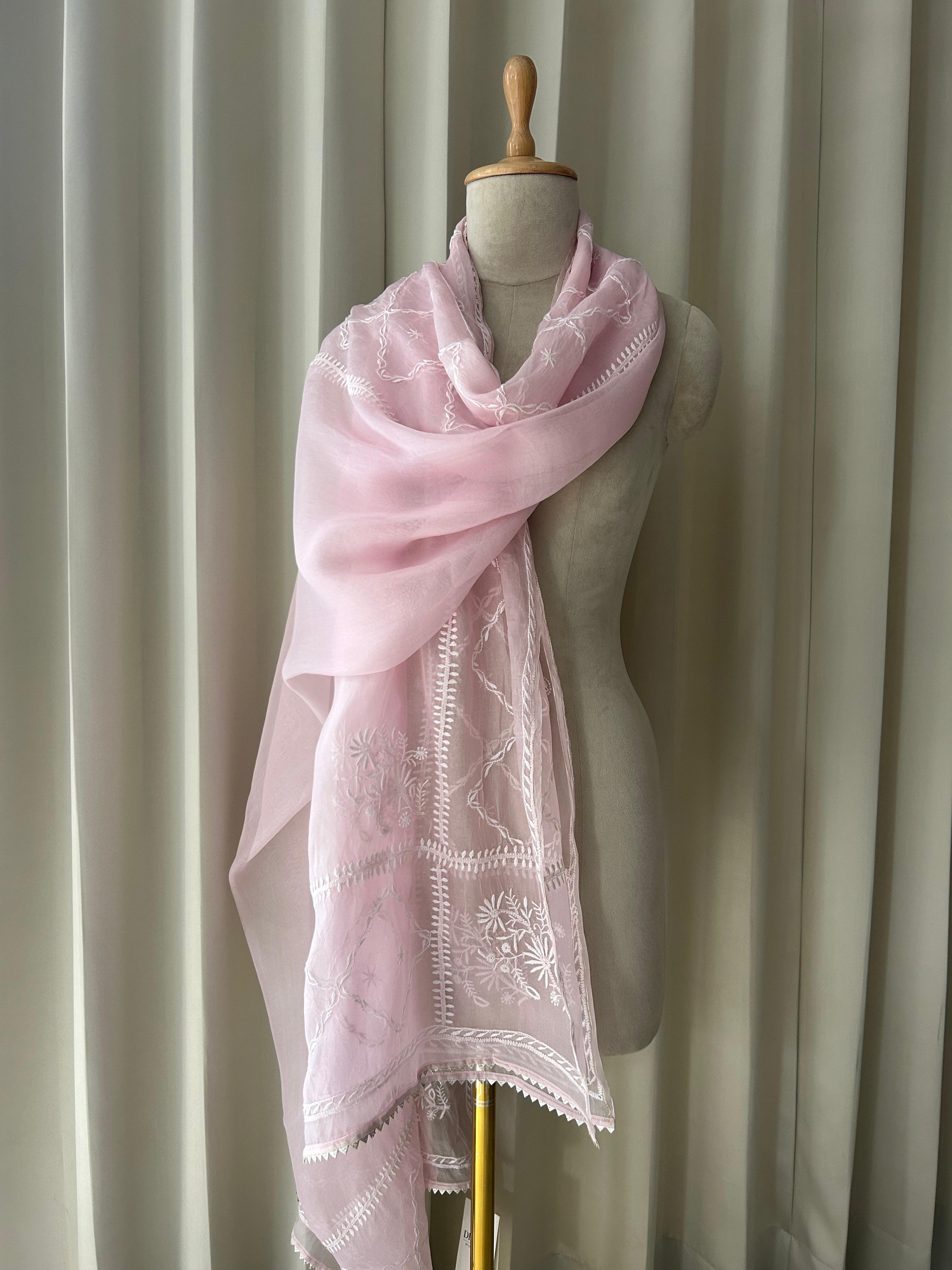 Pink Organza Chikankari Dupatta