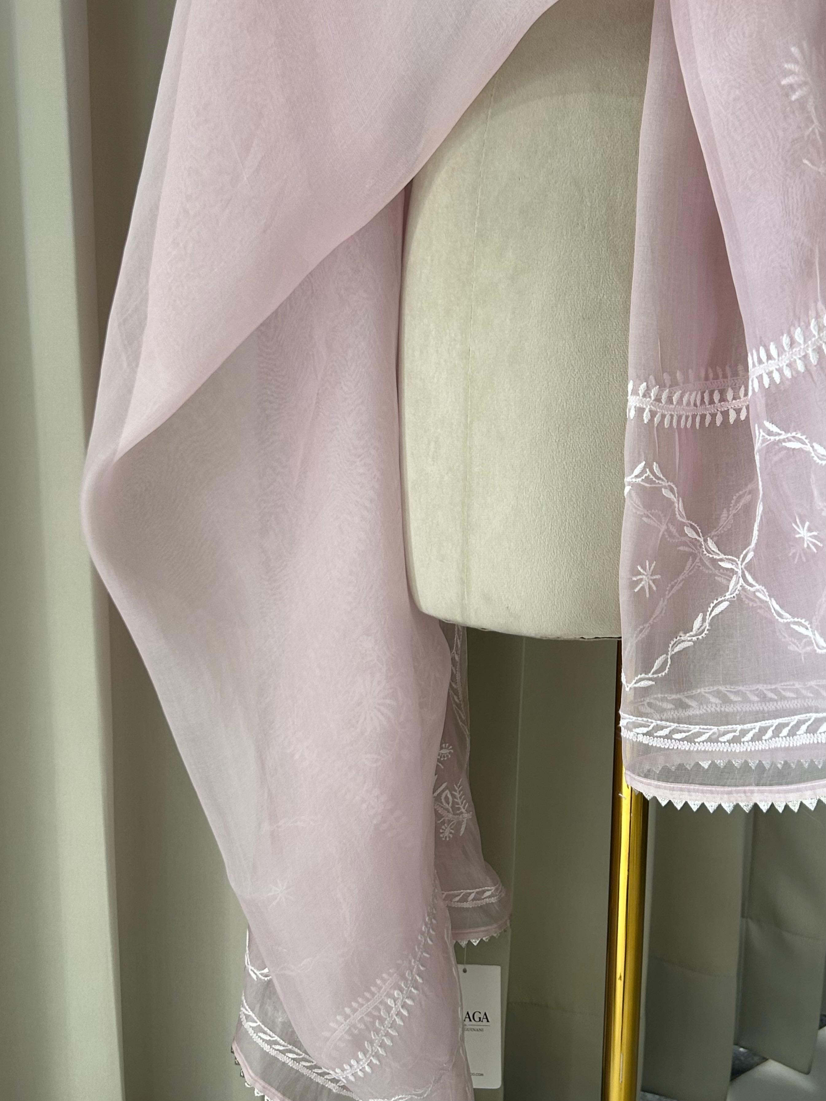 Pink Organza Chikankari Dupatta