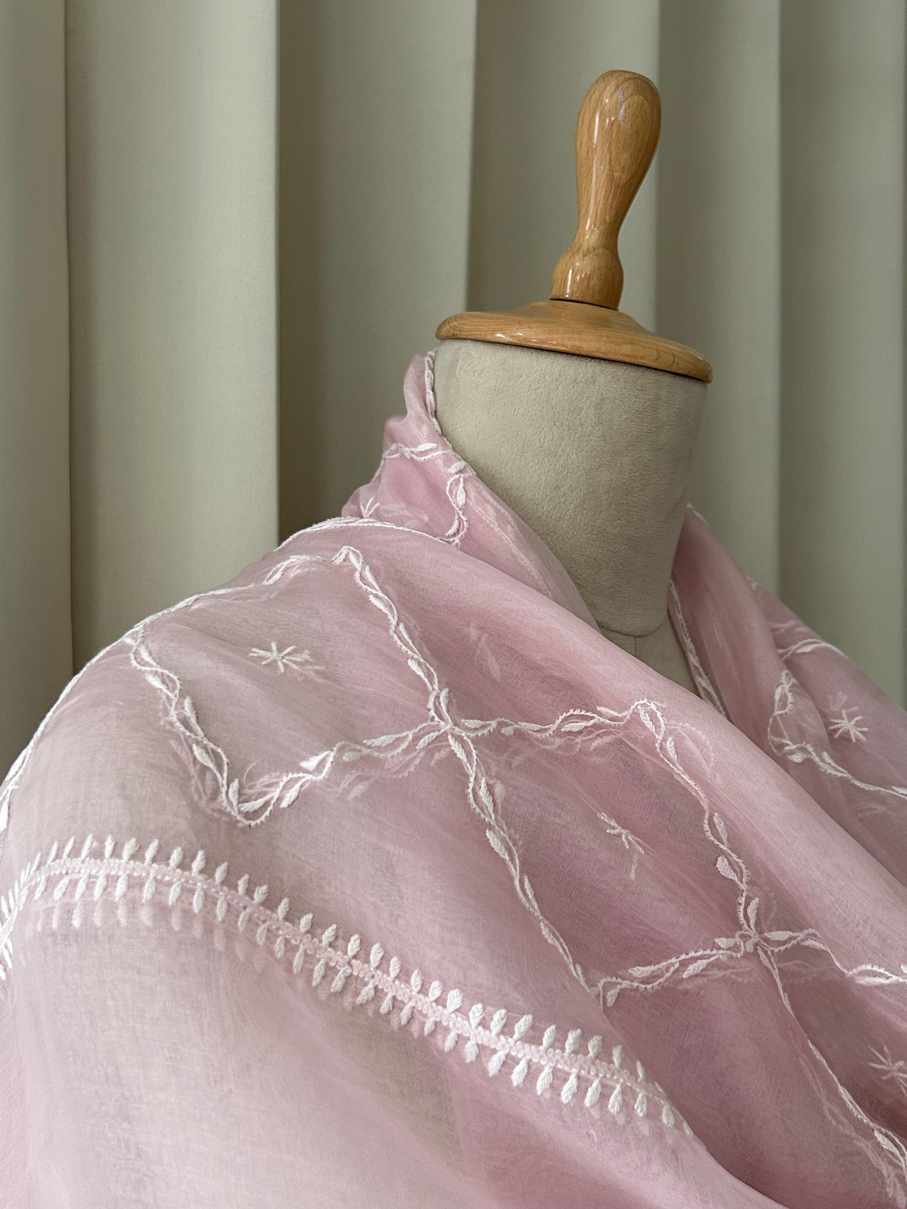 Pink Organza Chikankari Dupatta