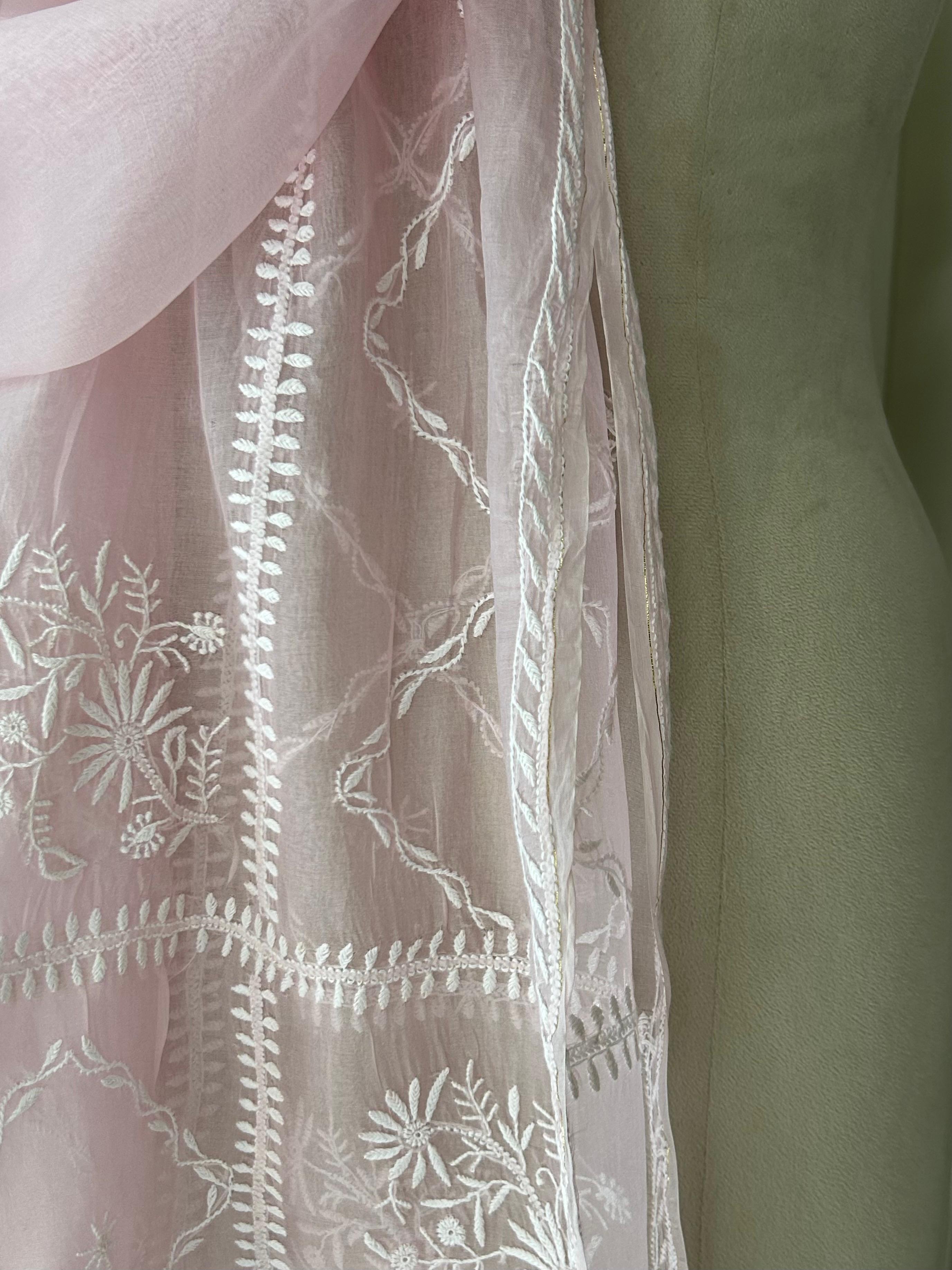 Pink Organza Chikankari Dupatta