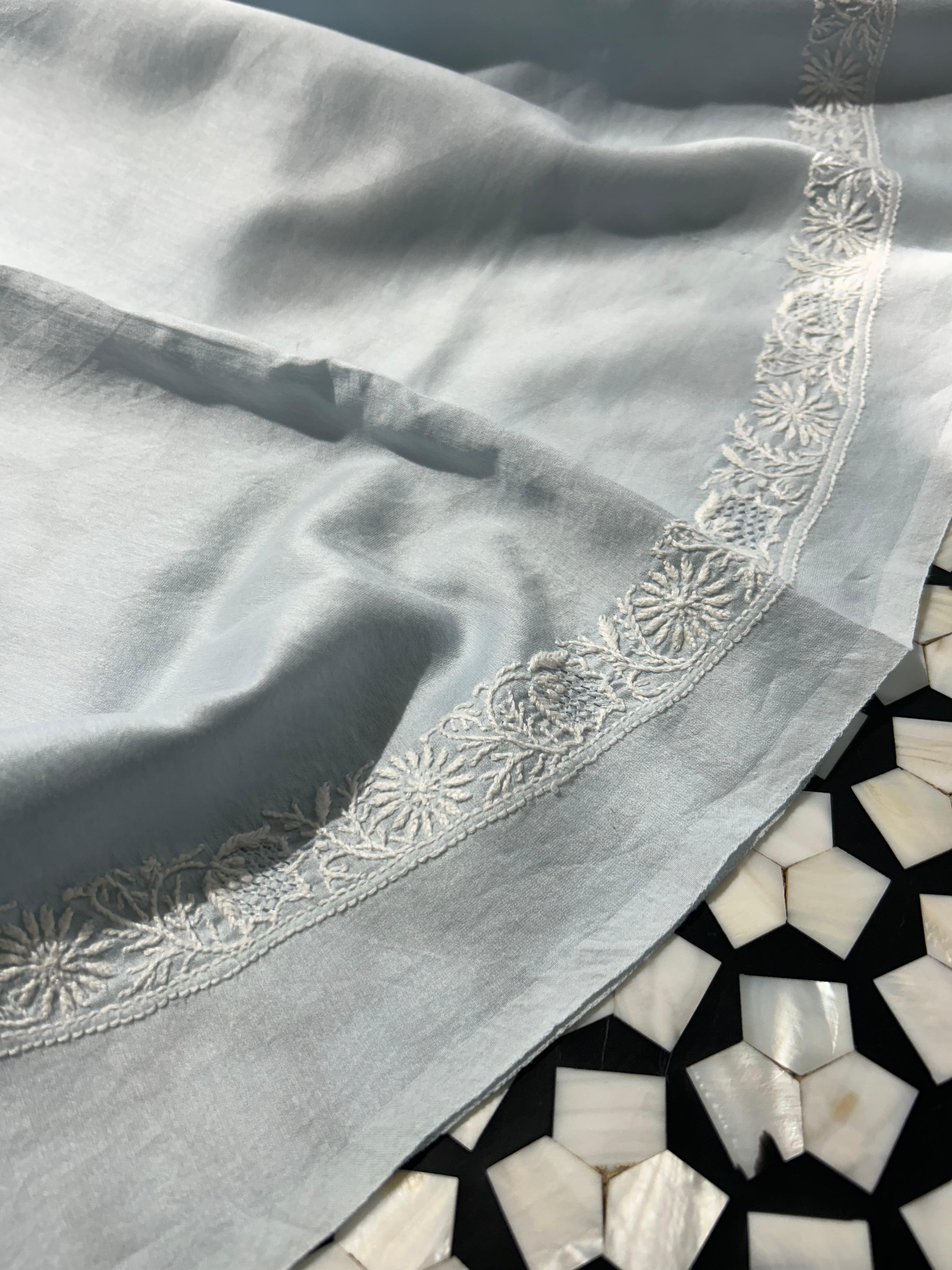 Blue Chanderi Chikankari Mens Kurta