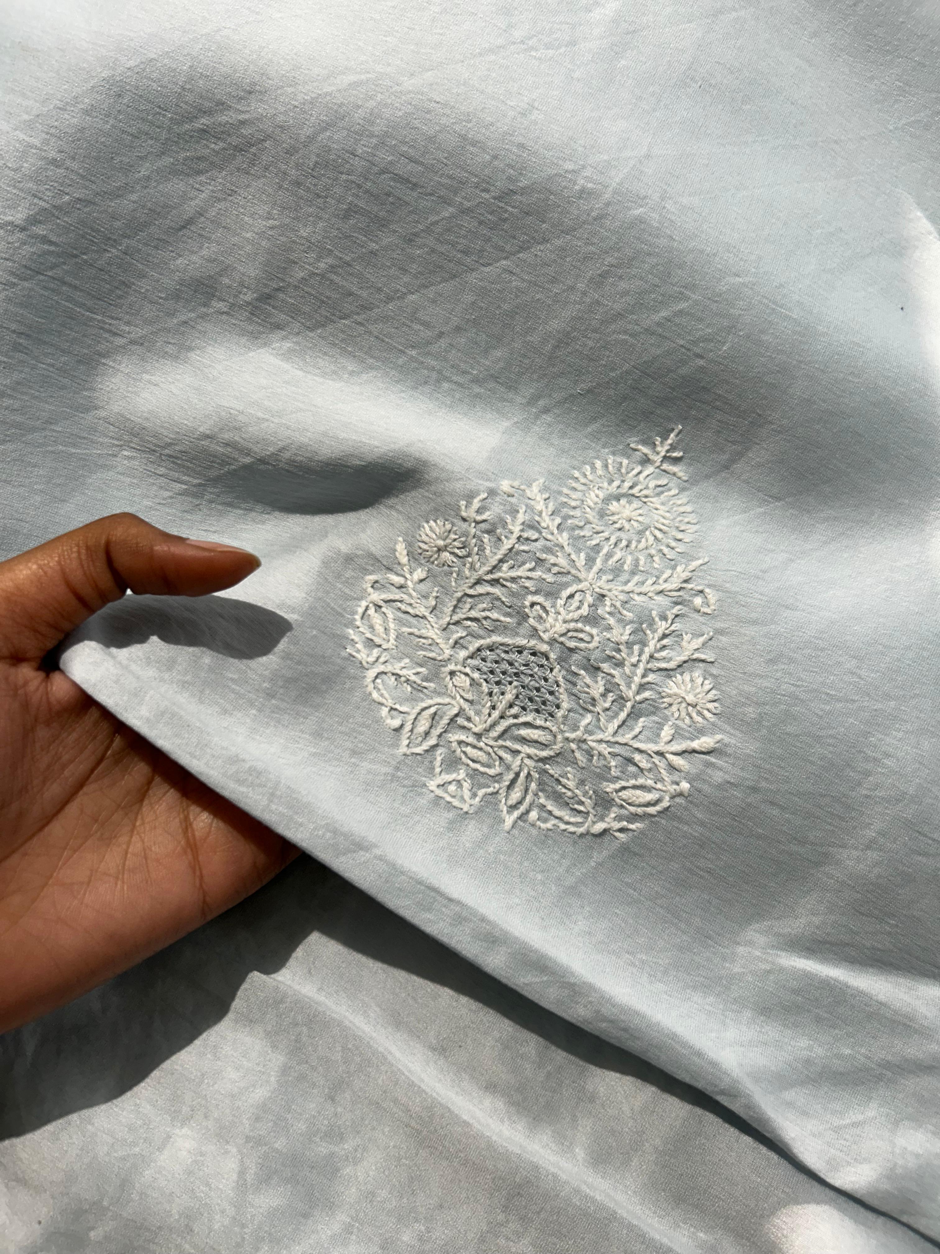 Blue Chanderi Chikankari Mens Kurta