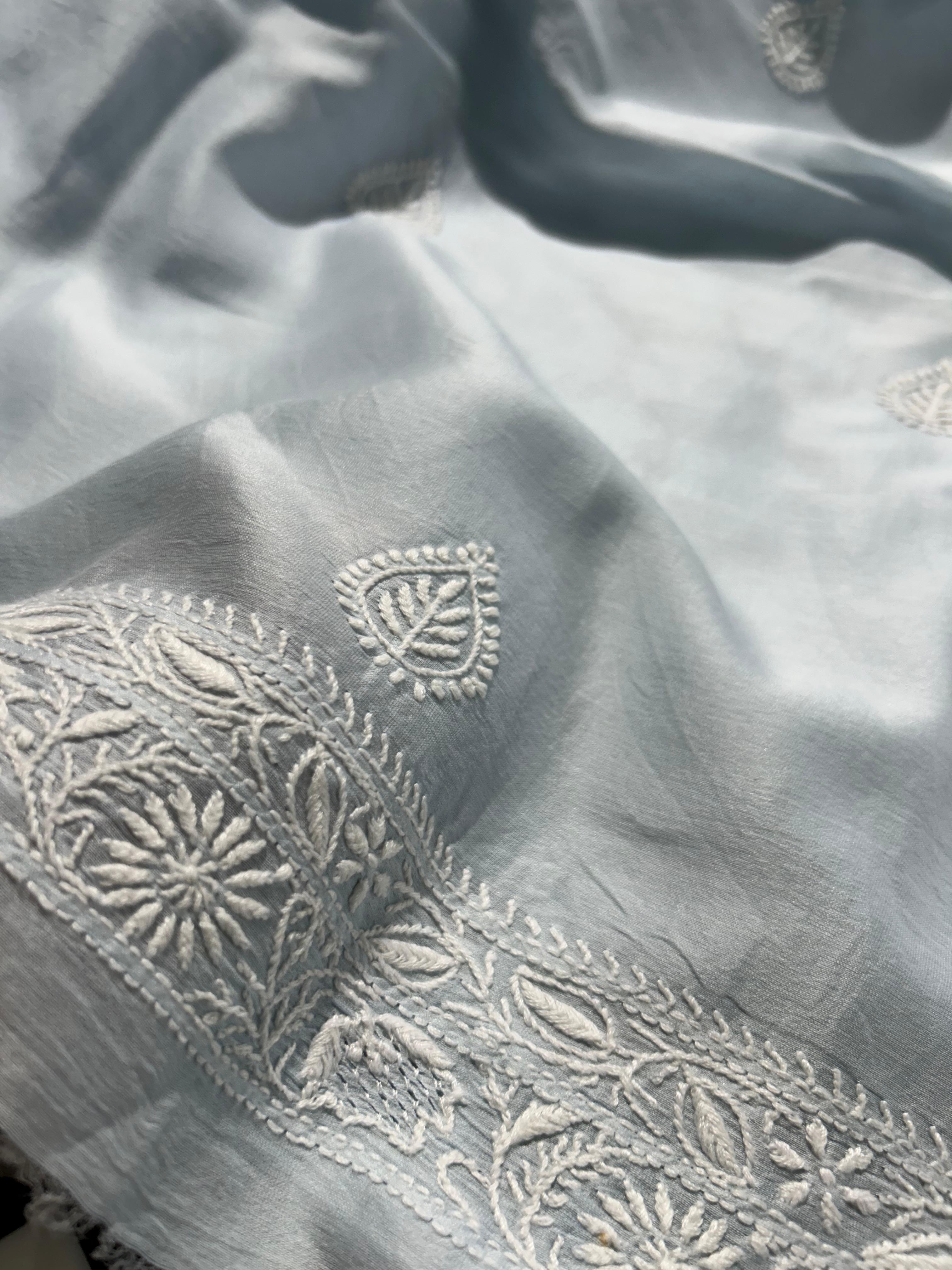 Blue Chanderi Chikankari Mens Kurta