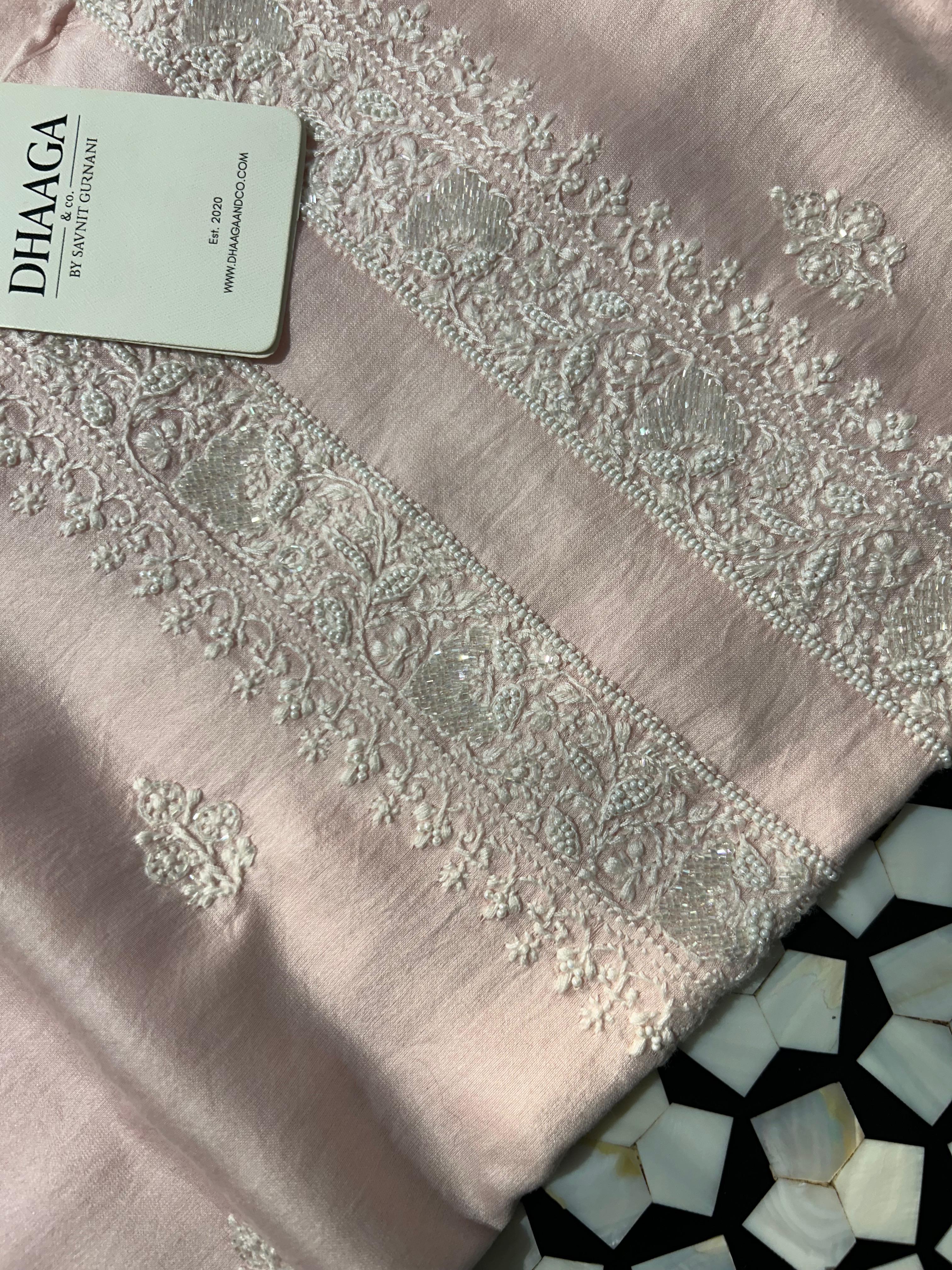 Pink Chanderi Chikankari Mens Kurta