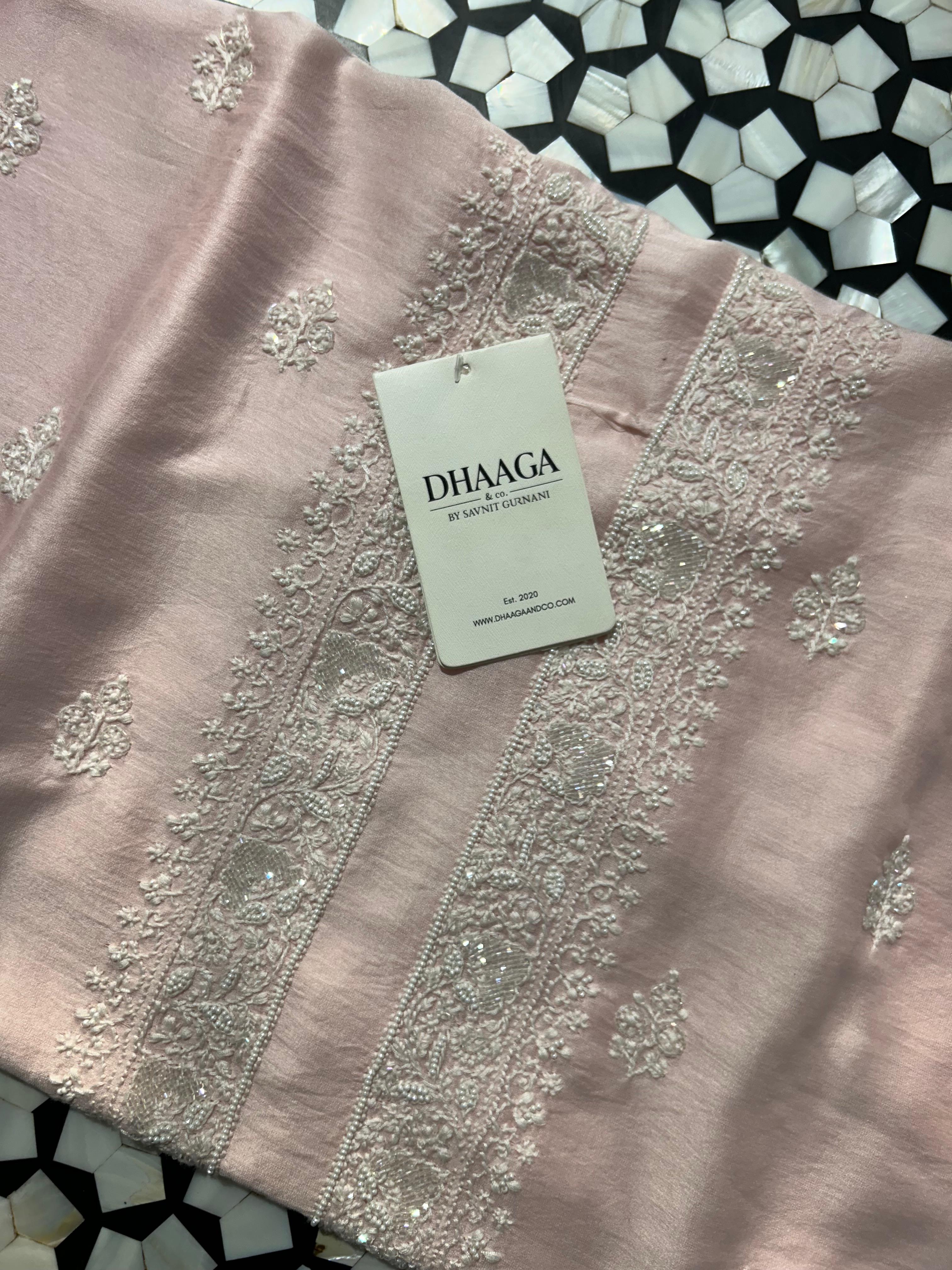Pink Chanderi Chikankari Mens Kurta