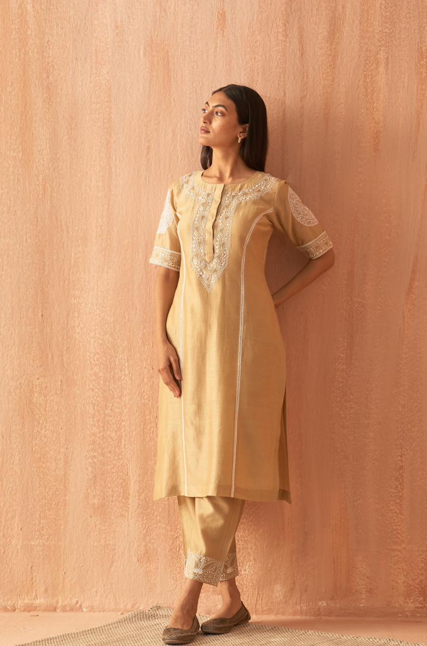 Brown Chanderi Chikankari Co-ord Set with Statement Organza Patch Work