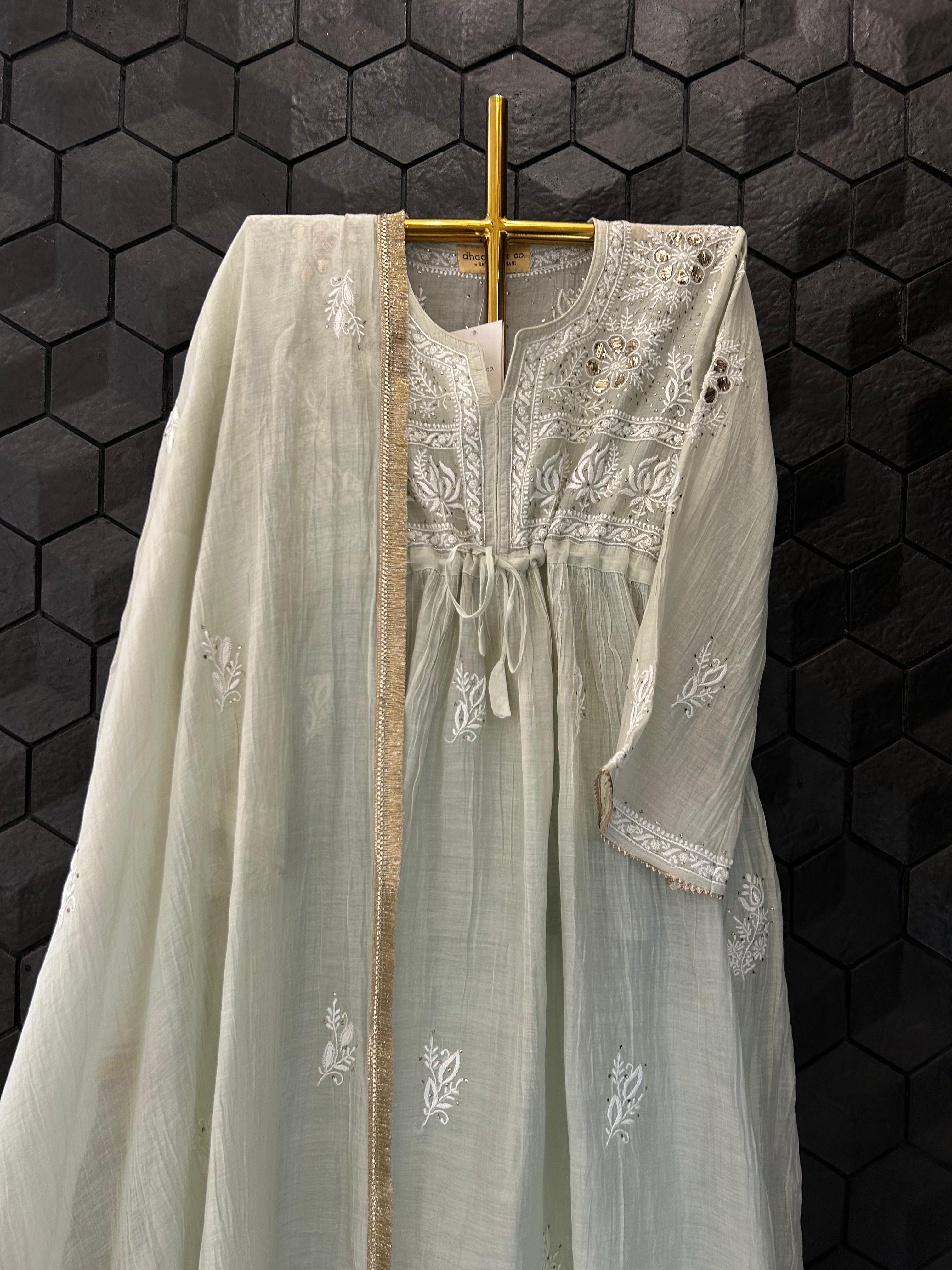 Green Mul Chanderi Chikankari Sharara Set