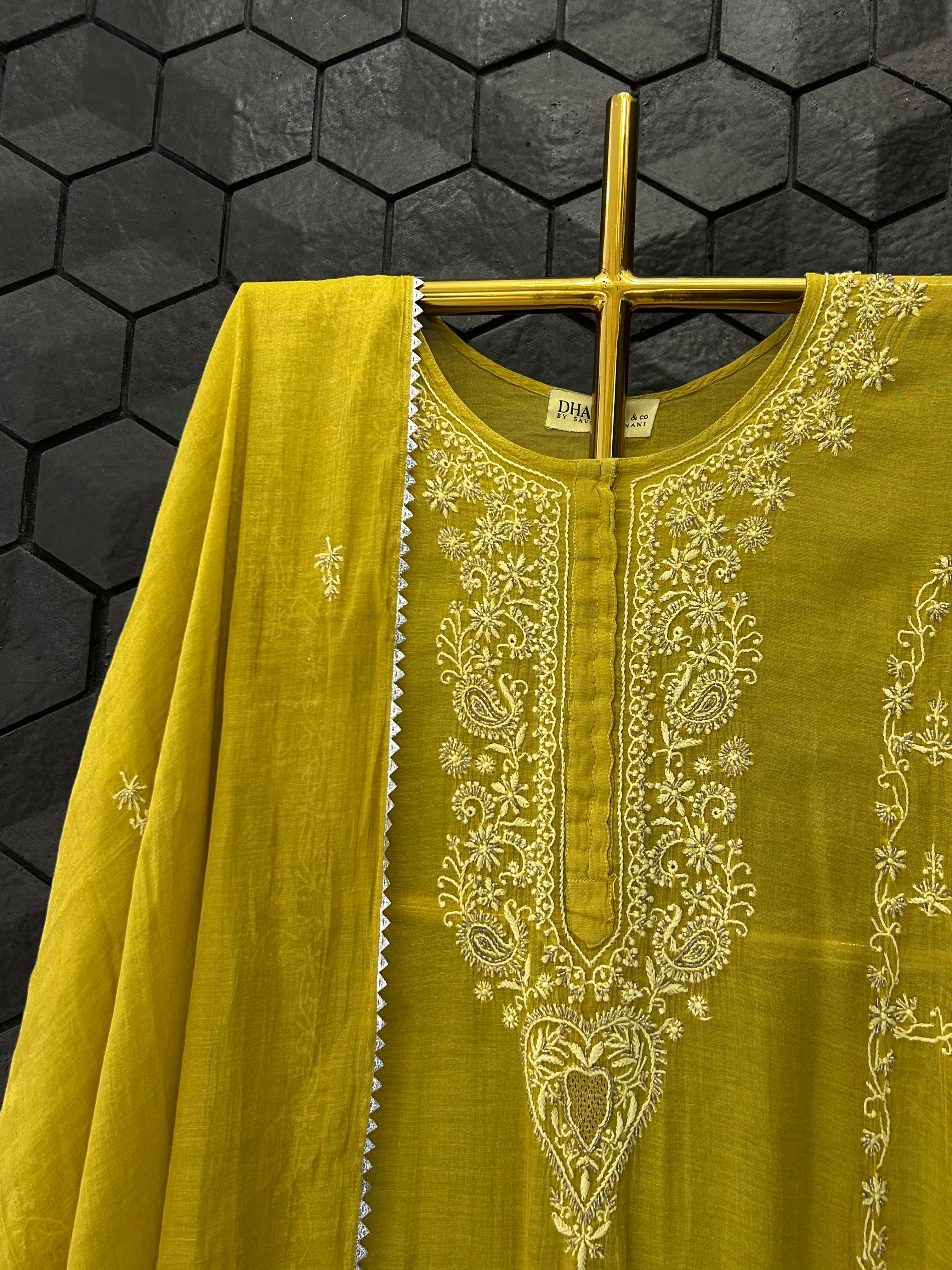 Green Zari Tissue Chikankari Kurta Set