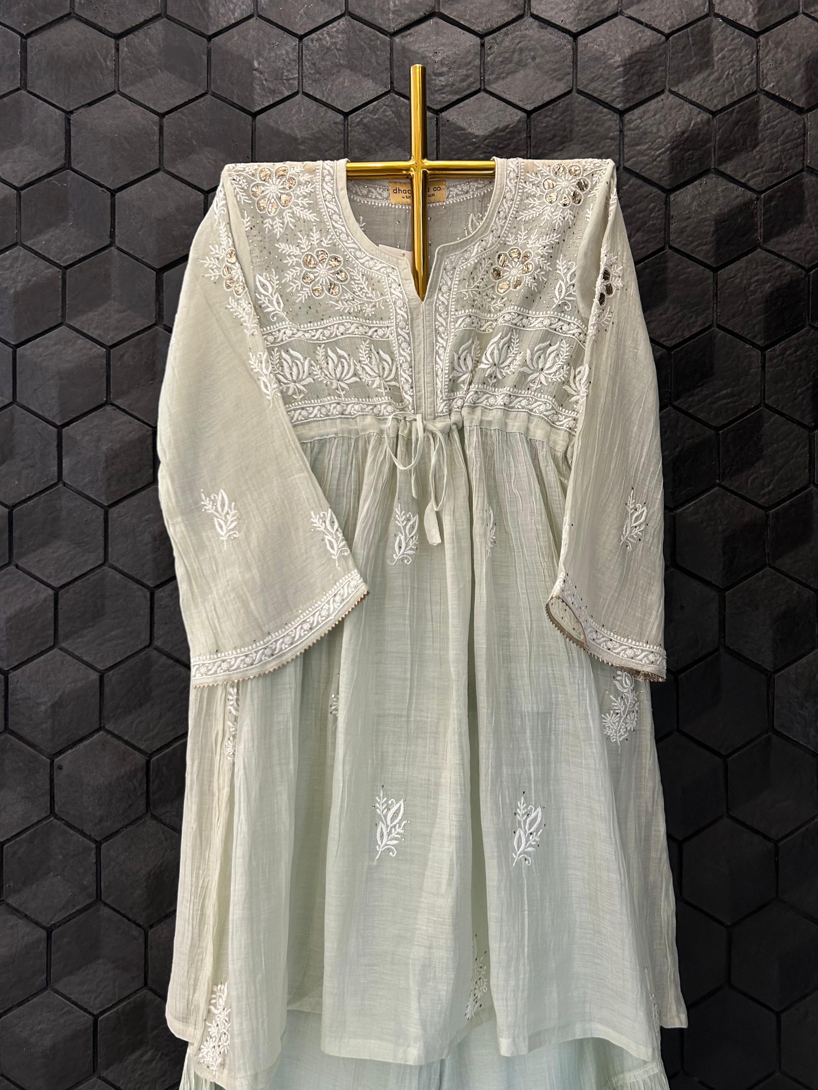 Green Mul Chanderi Chikankari Sharara Set