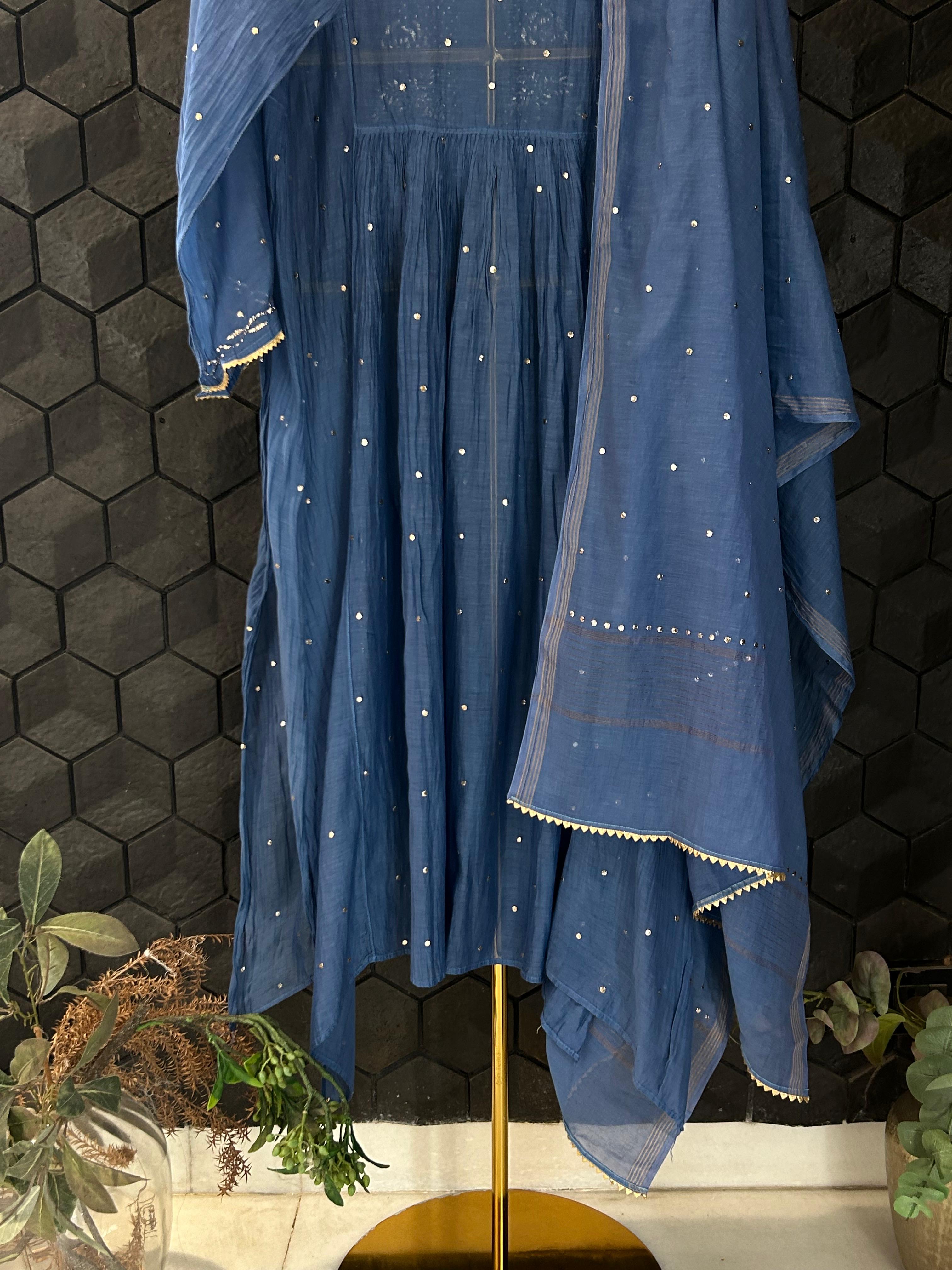 Blue Mul Chanderi Mukaish Kurta Set